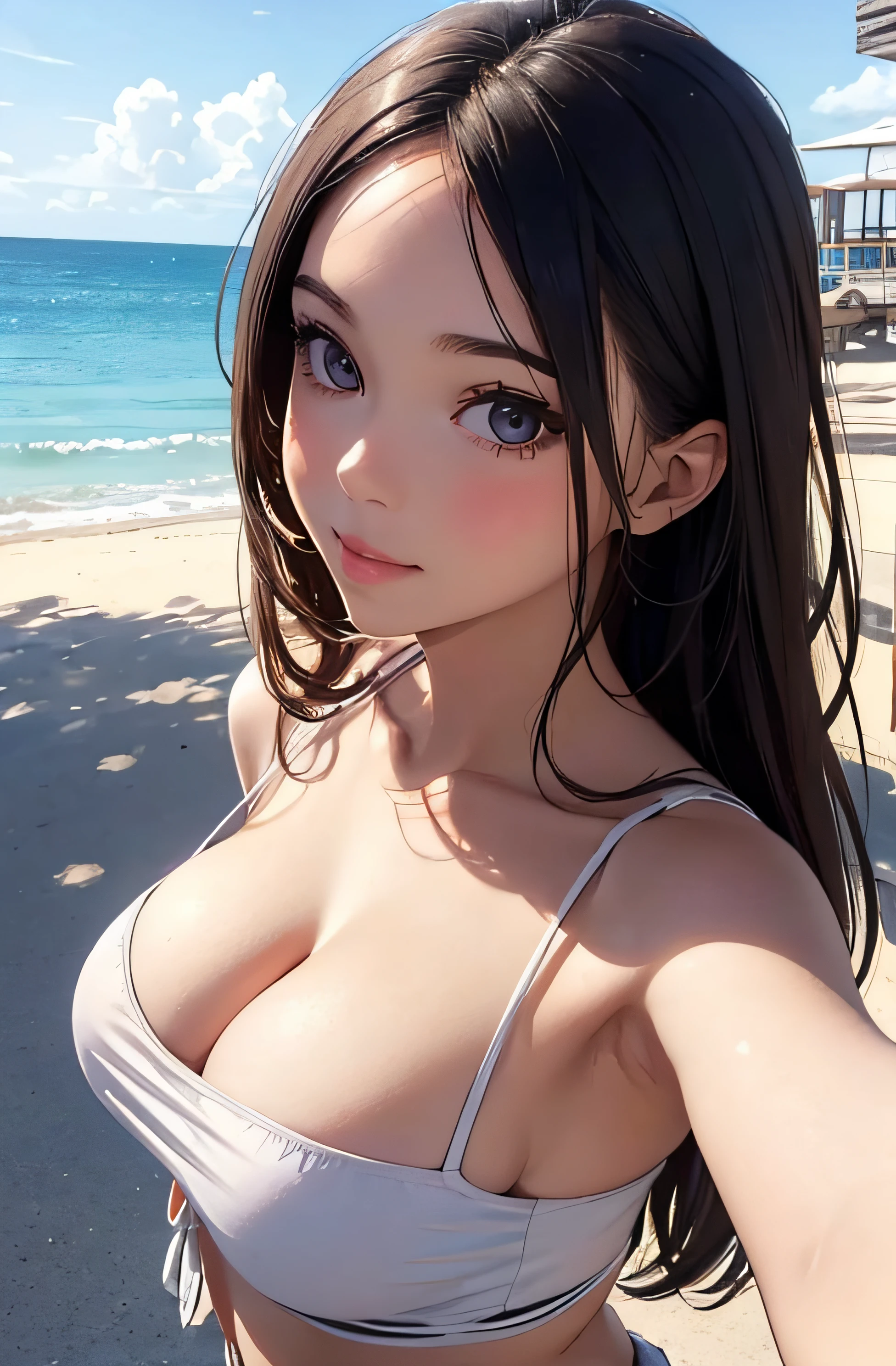 girl in summer clothes, top shot,((selfie)), random background, kiss, beautiful, medium breasts, flirtatious look, ((very detailed)), (perfectly detailed face), (well detailed hand), photorealistic image.
