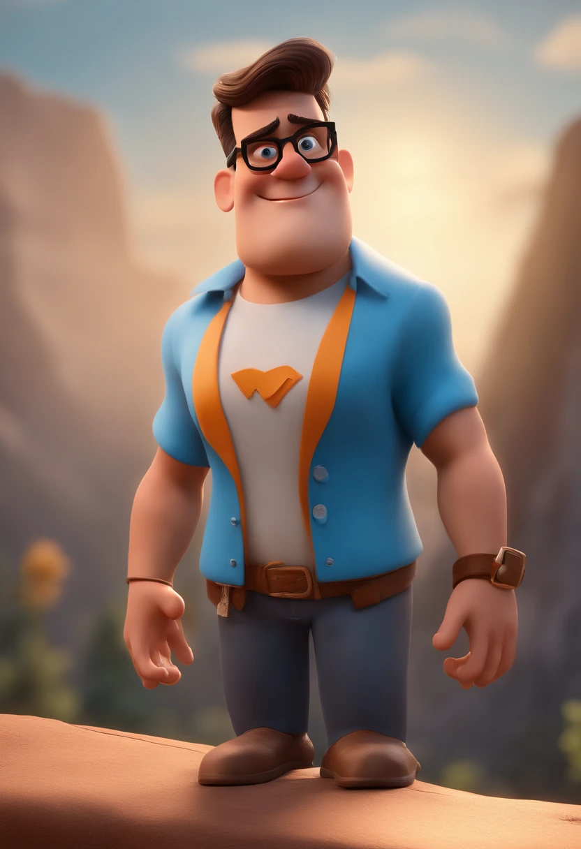 Cartoon character of a man with black glasses and a blue shirt, animation character, Caractere estilizado, animation style rendering, 3D estilizado, Arnold Maya render, 3 d render stylized, toon render keyshot, Personagem 3D, Personagem 3D, 3d rendering stylized, 3 d character render, personagem de desenho animado, Personagem de close up, Pose de personagem, (Estilo Pixar) (master part:1.2) (Bokeh) (best quality) (pele detalhada) (textura detalhada) (8k) (argila) (Cinematic lighting) (foco nítido