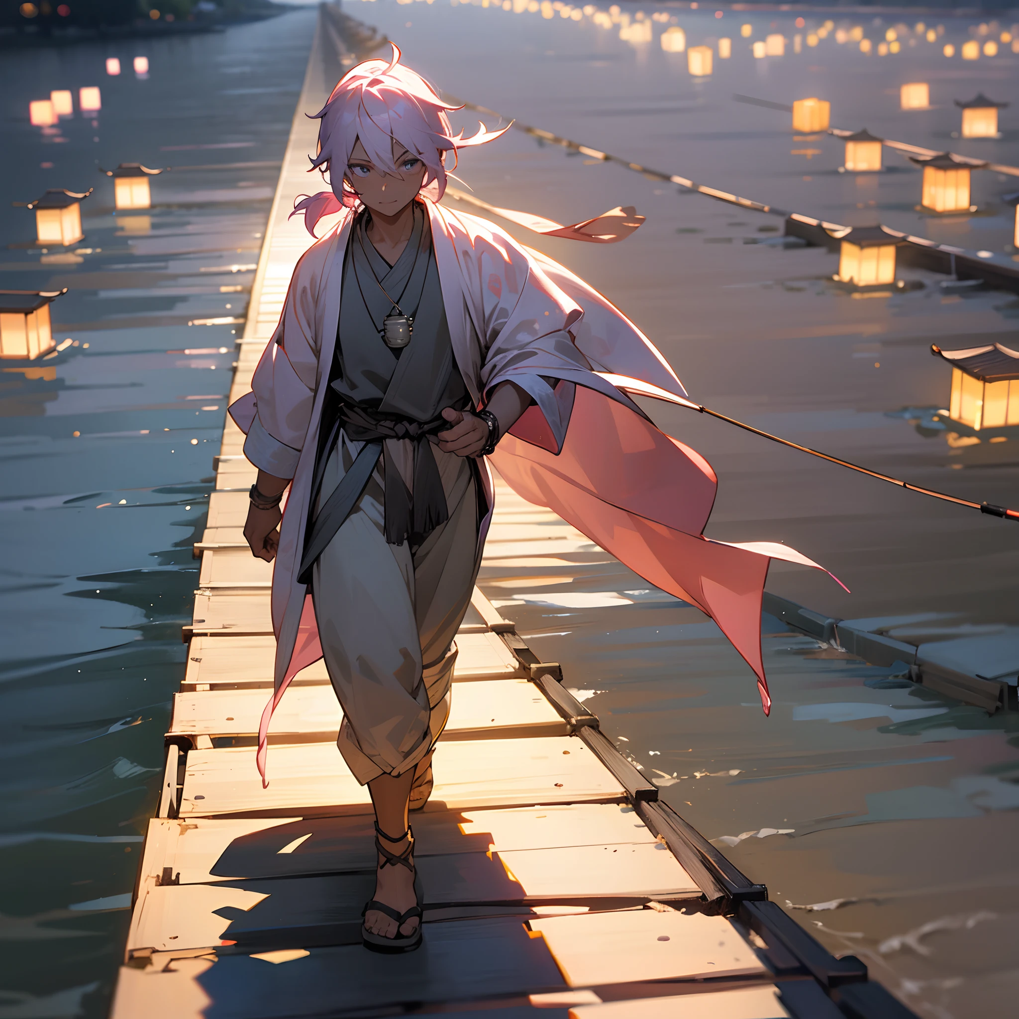 1male, adult, dark skin, long pink low ponytail, finely detailed grey eyes, loose yukata clothing, necklace, best lighting and shadows, night fishing village, walking down a path, light, lantern, light smile