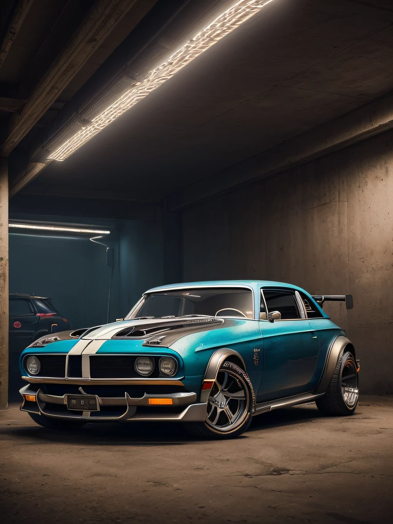 ((masterpiece、top-quality、realisitic、ultra-detailliert、hight resolution、Photorealsitic、foco nítido、photographrealistic、Raw photography、lighting like a movie))、In the parking lot、((Futuristic Cyberpunk Hot Rod))、(With glowing tires)、argent、3/4Front view