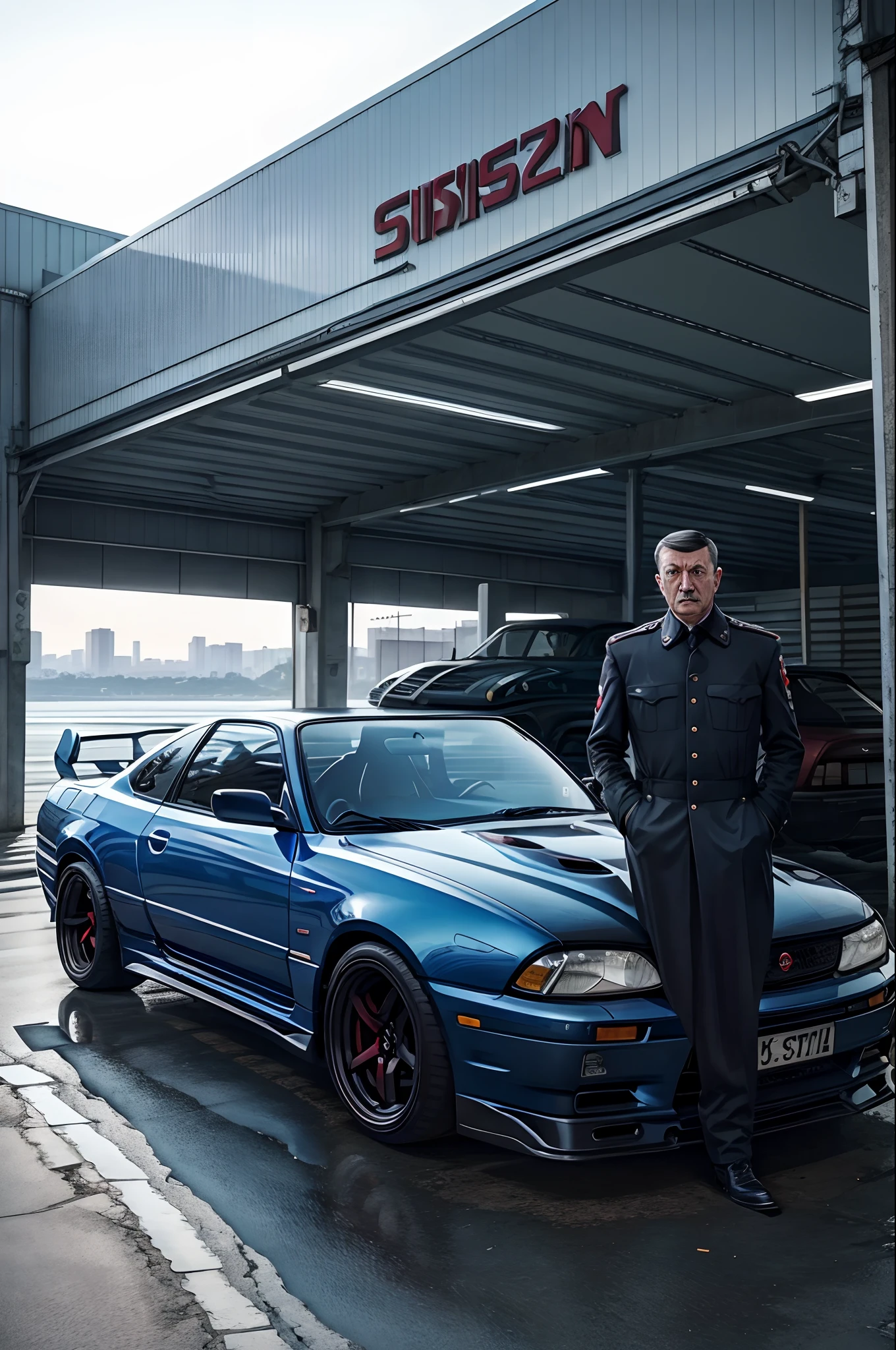 Hitler in front of a Nissan r34 skyline