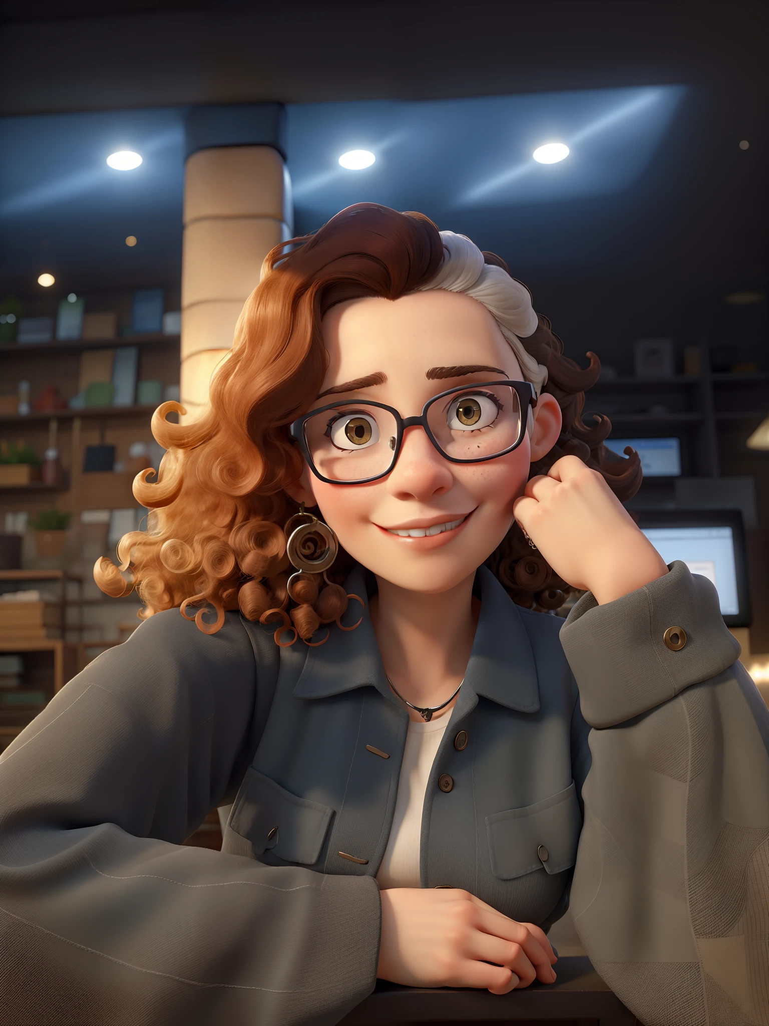 White woman with square glasses and curly hair