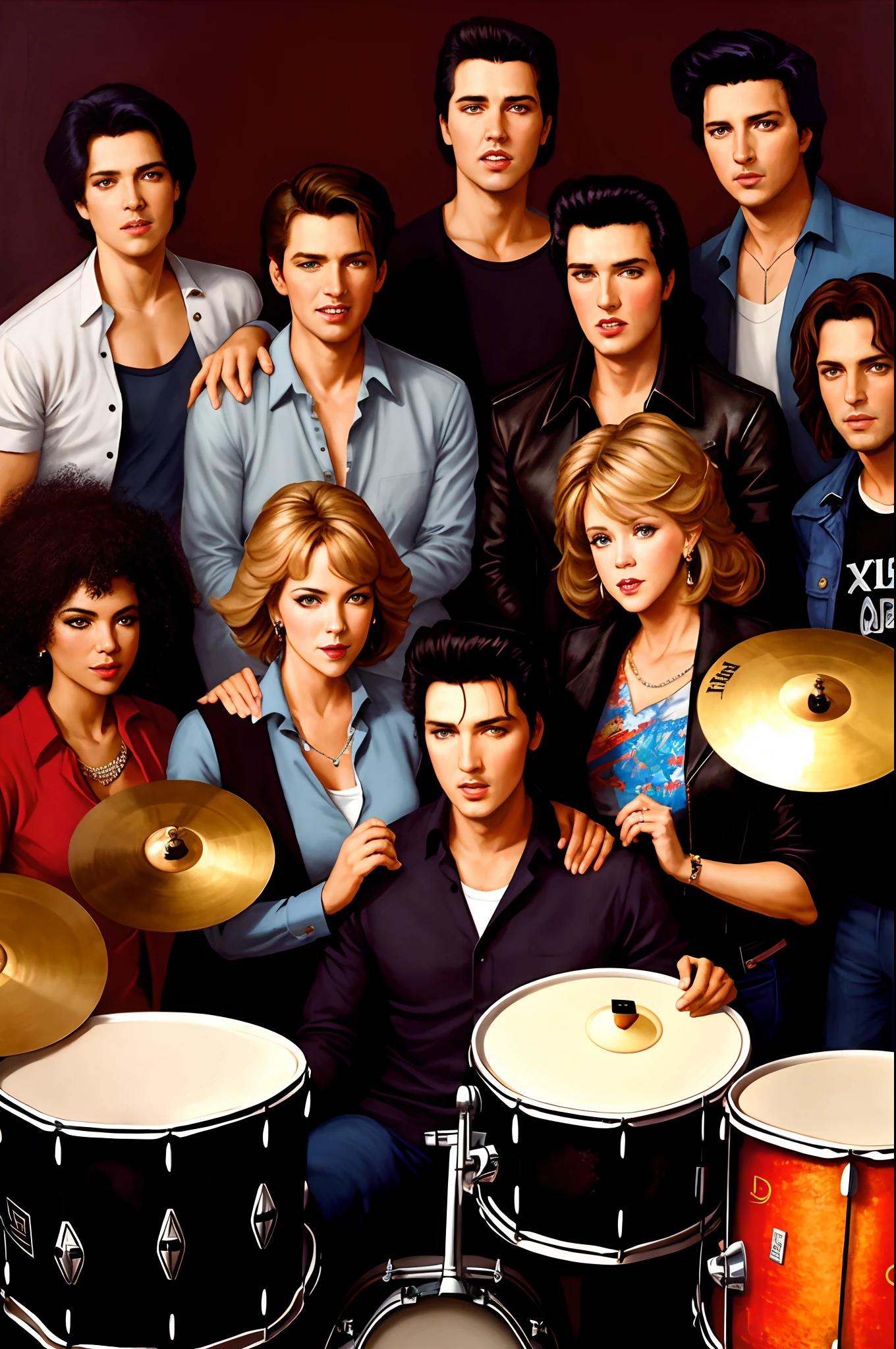 they are posing for a picture with their drums, a portrait by Hillary clinton, pexels, kitsch movement, phil hale and kent williams, kiss, kate oleska and Elvis Presley, Jane Fonda and greg rutkowski, nixeu and greg rutkowski, millaise and greg rutkowski, bruce kaiser, greg rutkowski and j.dickenson