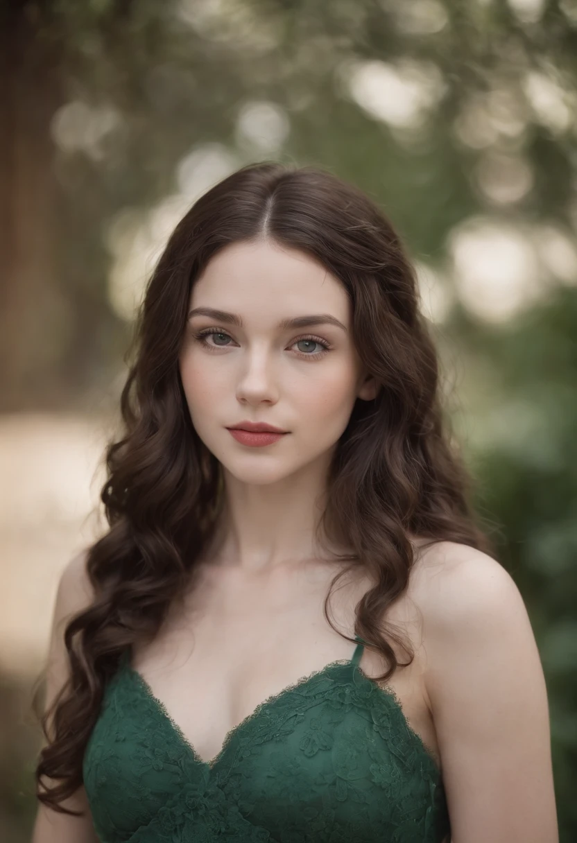 "Full body portrait of a charming 24 year old women with pale skin, long hair, very curly hair, black hair with ringlets, lots of dark freckles all over her face, petite figure, beautiful face, captivating green eyes, and showcasing her natural beauty. Highly detailed face. European face with very slight Asian features. Wearing dark green.”