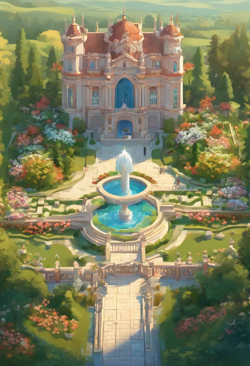 (best quality, masterpieces, detailed, new features), A majestic garden in the center of English style castle, elegance architecture with glowing effects and white fountain, vibrant flower field cover the area. Astonishing details that are intricately crafted. zoom in.