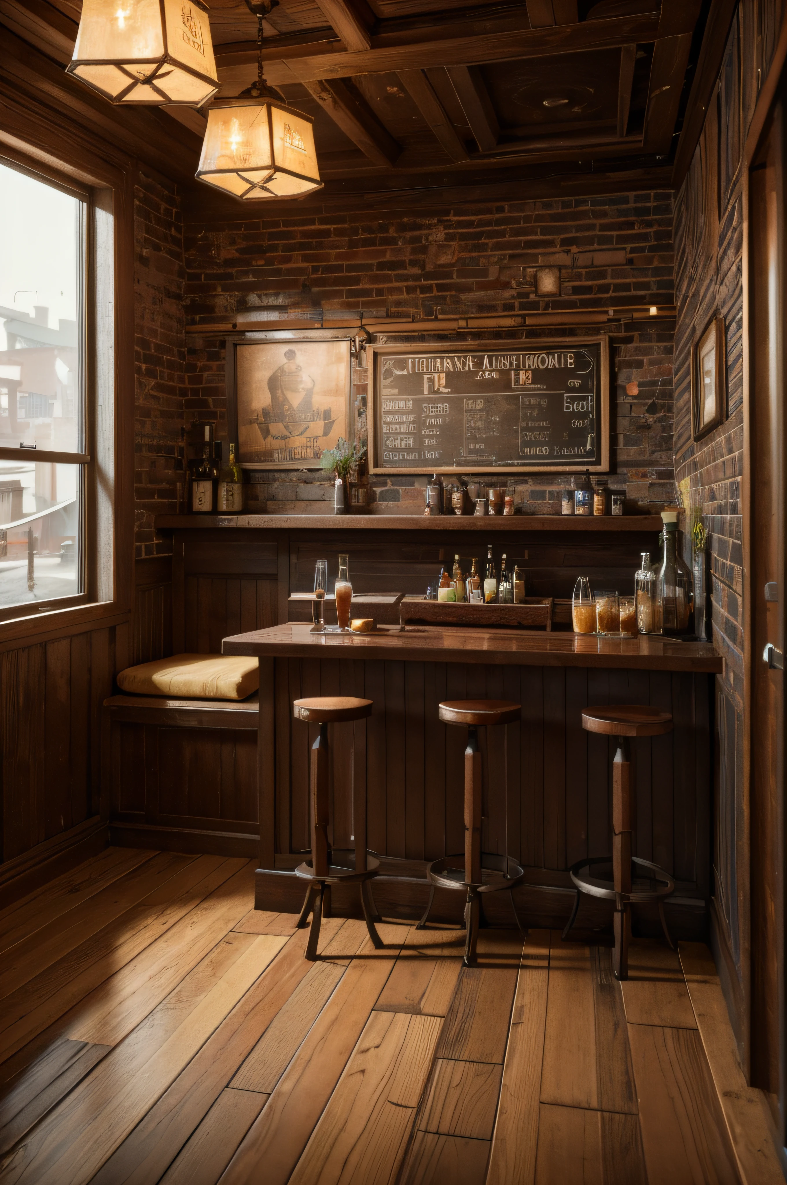 Shabby bar interior scene,Hardwood floors,Detailed textures and lighting, , borderlands 4k render, There are no characters in the background, Lost America, intricately details. illusory engine, rendered in unreal engine 3, detailed cinematic shot, loot box, borderlands 3