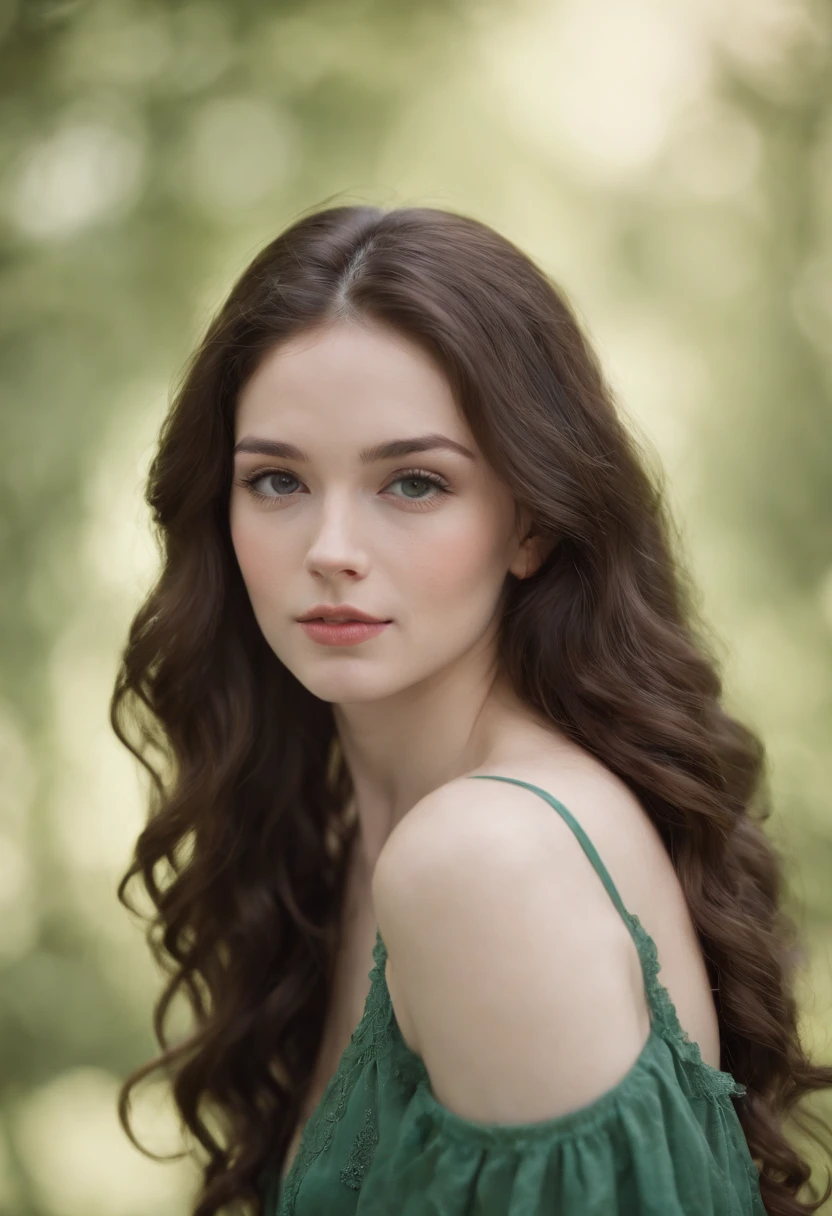 "Full body portrait of a charming 24 year old women with pale skin, long hair, very curly hair, black hair with ringlets, lots of dark freckles all over her face, petite figure, beautiful face, captivating green eyes, and showcasing her natural beauty. Highly detailed face. European face with very slight Asian features. Wearing a dark green turtleneck.