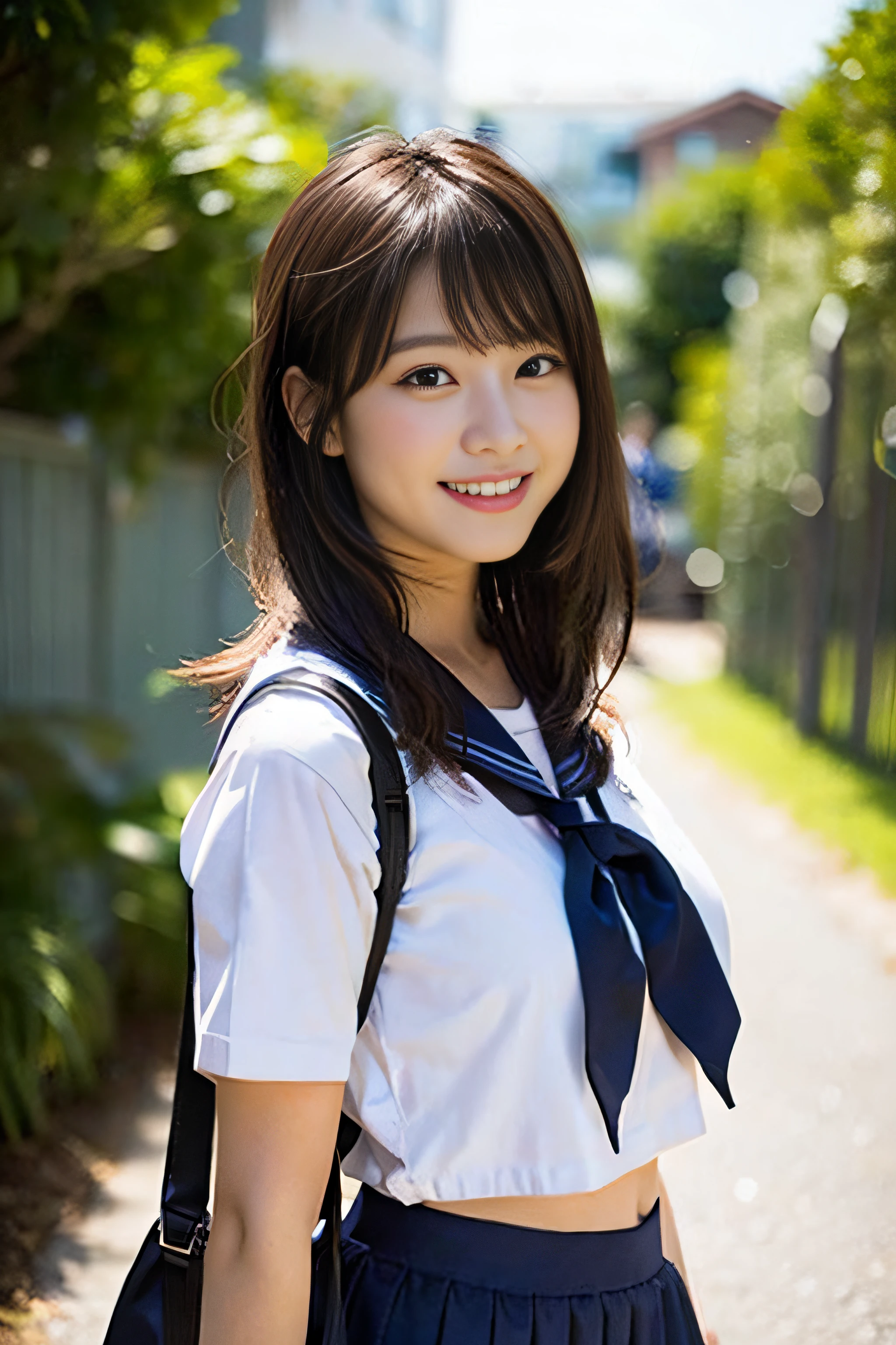 (8K、Raw photography、top-quality、masterpiece:1.2)、(realisitic、Photorealsitic:1.37)、ultra-detailliert、超A high resolution、女の子1人、see the beholder、beautifull detailed face、A smile、Constriction、(Slim waist) :1.3)、Beautiful detailed skin、Skin Texture、Floating hair、Professional Lighting、Whole human body、Longhaire、a blond、japanese hight school uniform、a sailor suit、matriculation、、Bob Hair、E-cup、Happy smile、、Red ribbons、a baby face、Childisuppin、Moisturizing lips、Thin pink lips、Nostalgic countryside、Carrying a school bag on your back、Constriction of the lower back、Navel Ejection、Dark blue skirt