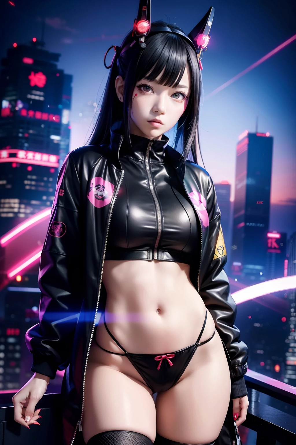 Anime cyberpunk samurai girl with hannya mask, jacket personalized in neon-lit glowing (((view from face to thighs)))