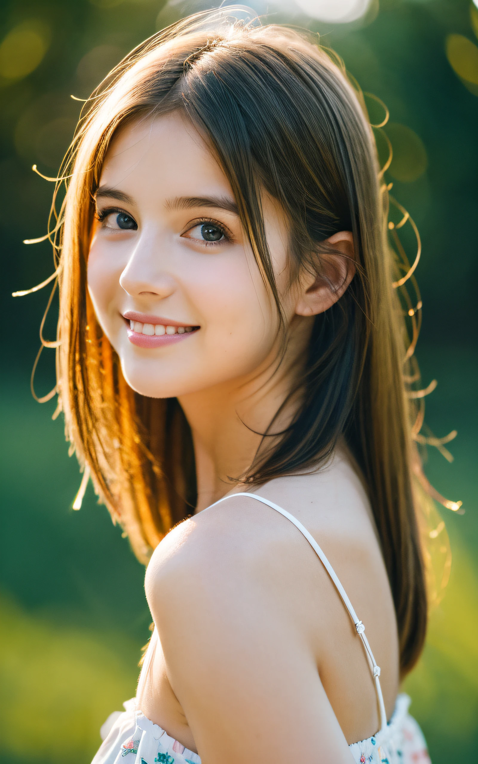 masterpiece, Best Quality, 8K, 16 yo, medium breast, Raw photo, Professional Photography, Portrait, Soft light, Professional Lighting, Back lighting, Solo, Smile, close up, Cute, Girly, Delicate girl, Neat and clean beauty, Upper body, Looking away, Sophisticated, Film grain, (Eyes and faces with detailed:1.0), Medium length floating Hair