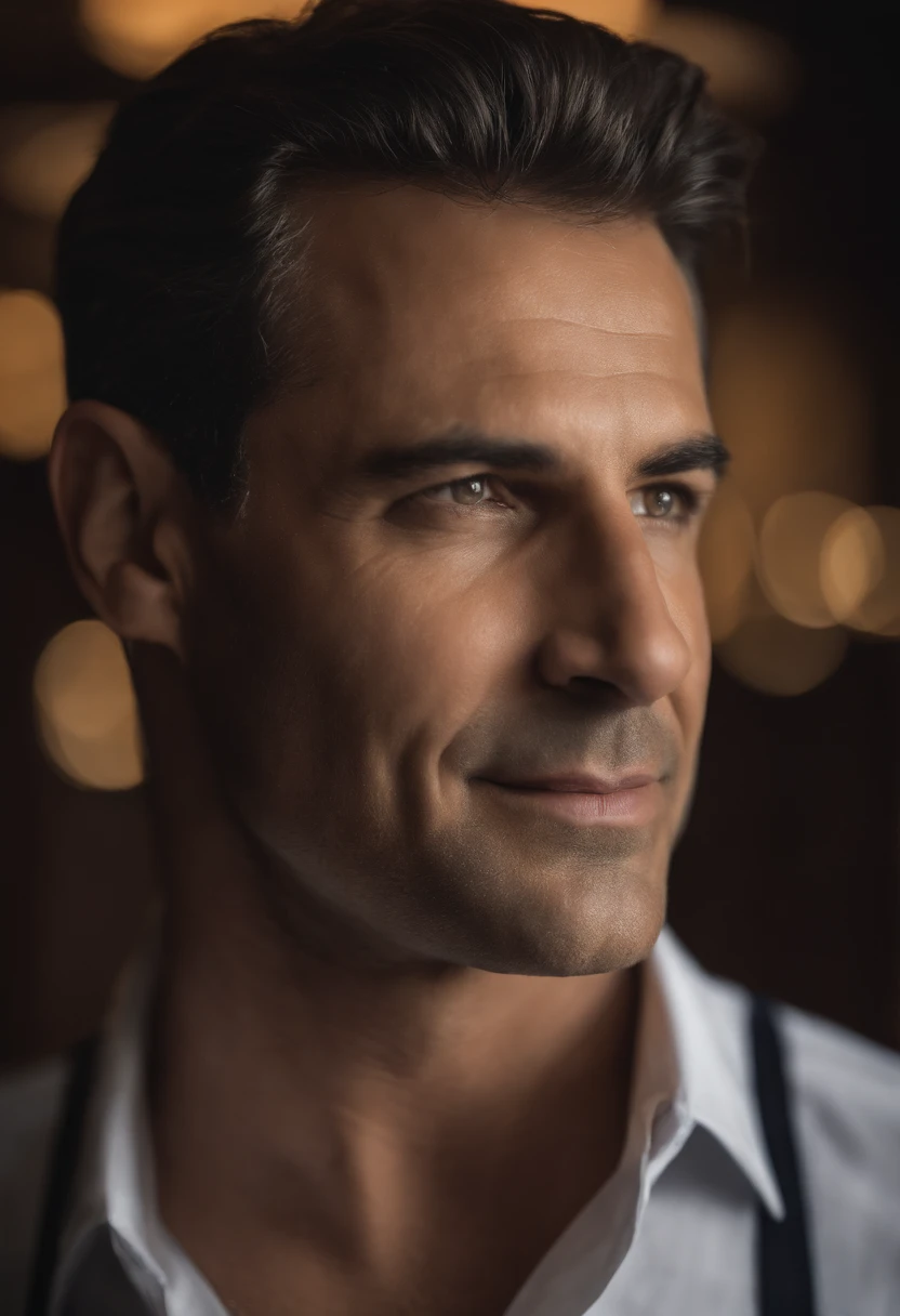 Realistic image of middle-aged business professional, 110 libras de peso, profissionalmente vestido com terno e gravata, alta qualidade, highest resolution, looking straight at the camera, profissional, belos olhos detalhados ligeiramente acastanhados, beautiful detailed lips, barba curta, cabelos grisalhos curtos, kind expression, sorriso quente, olhar diferenciado, Adequate lighting, fundo liso, sem efeito retrato.