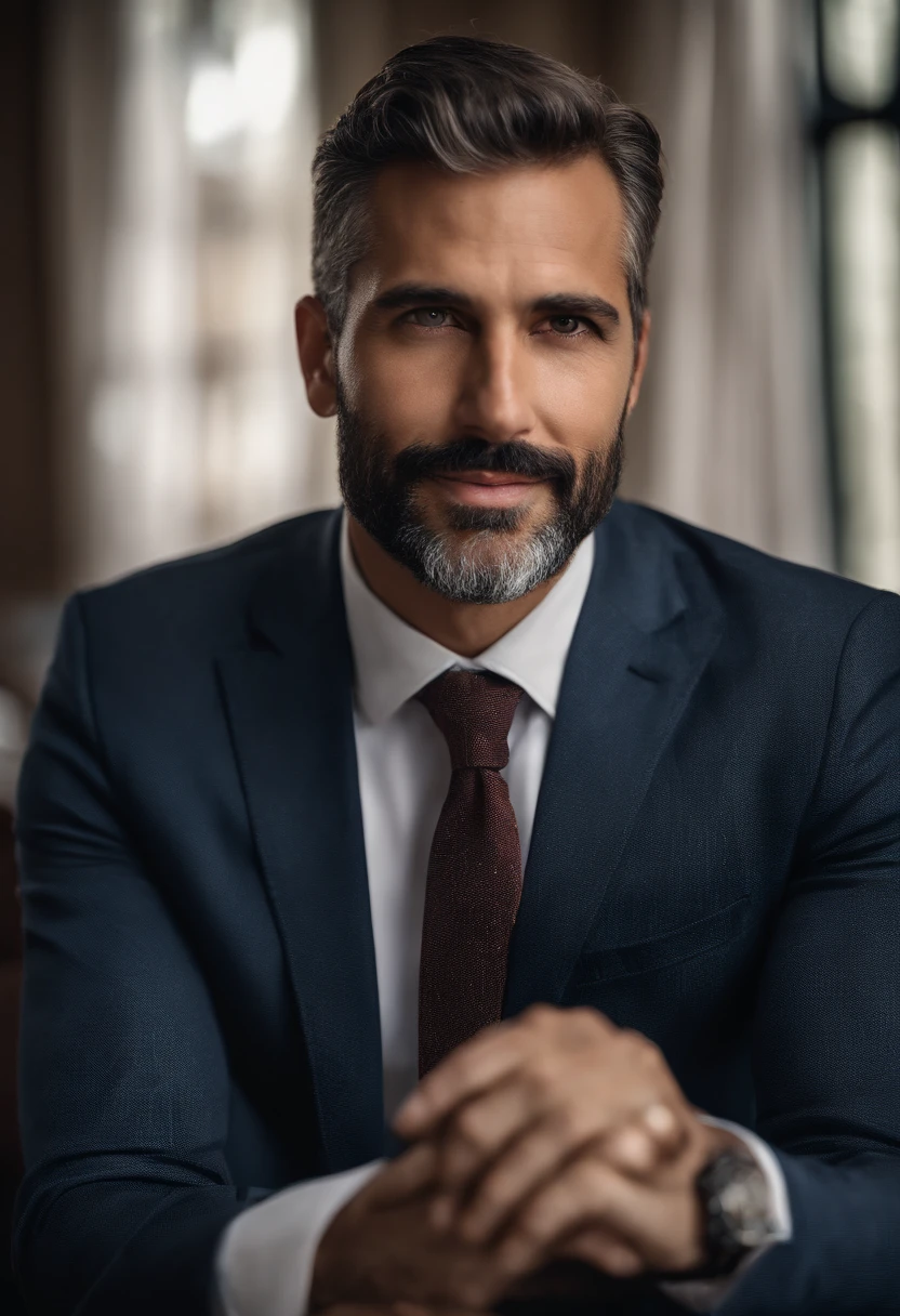 Realistic image of middle-aged business professional, 110 libras de peso, profissionalmente vestido com terno e gravata, alta qualidade, highest resolution, looking straight at the camera, profissional, belos olhos detalhados ligeiramente acastanhados, beautiful detailed lips, barba curta, cabelos grisalhos curtos, kind expression, sorriso quente, olhar diferenciado, Adequate lighting, fundo liso, sem efeito retrato.