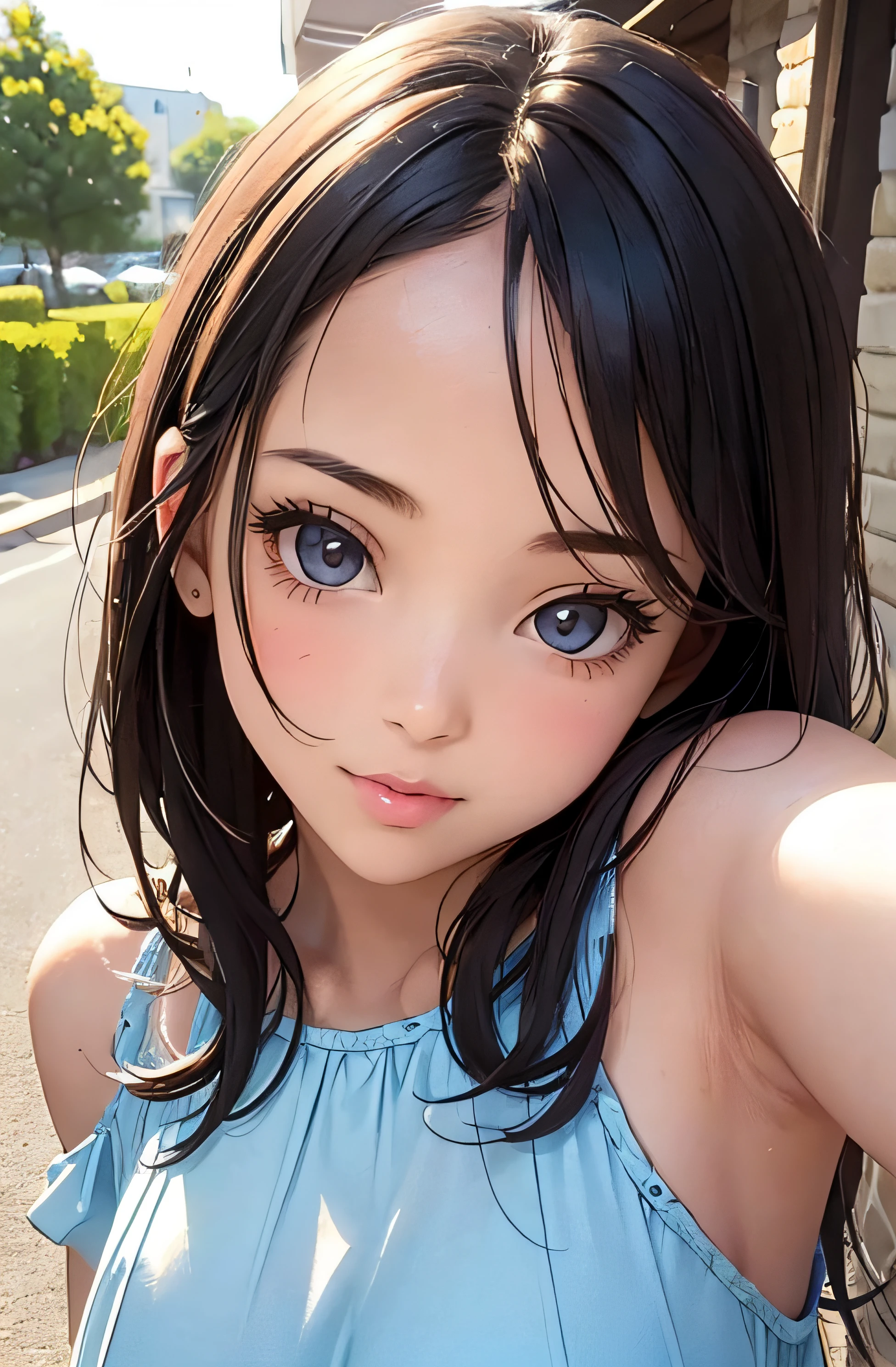 girl in summer clothes, top shot,((selfie)), random background, kiss, beautiful, medium breasts, flirtatious look, ((very detailed)), (perfectly detailed face), (well detailed hand), photorealistic image.