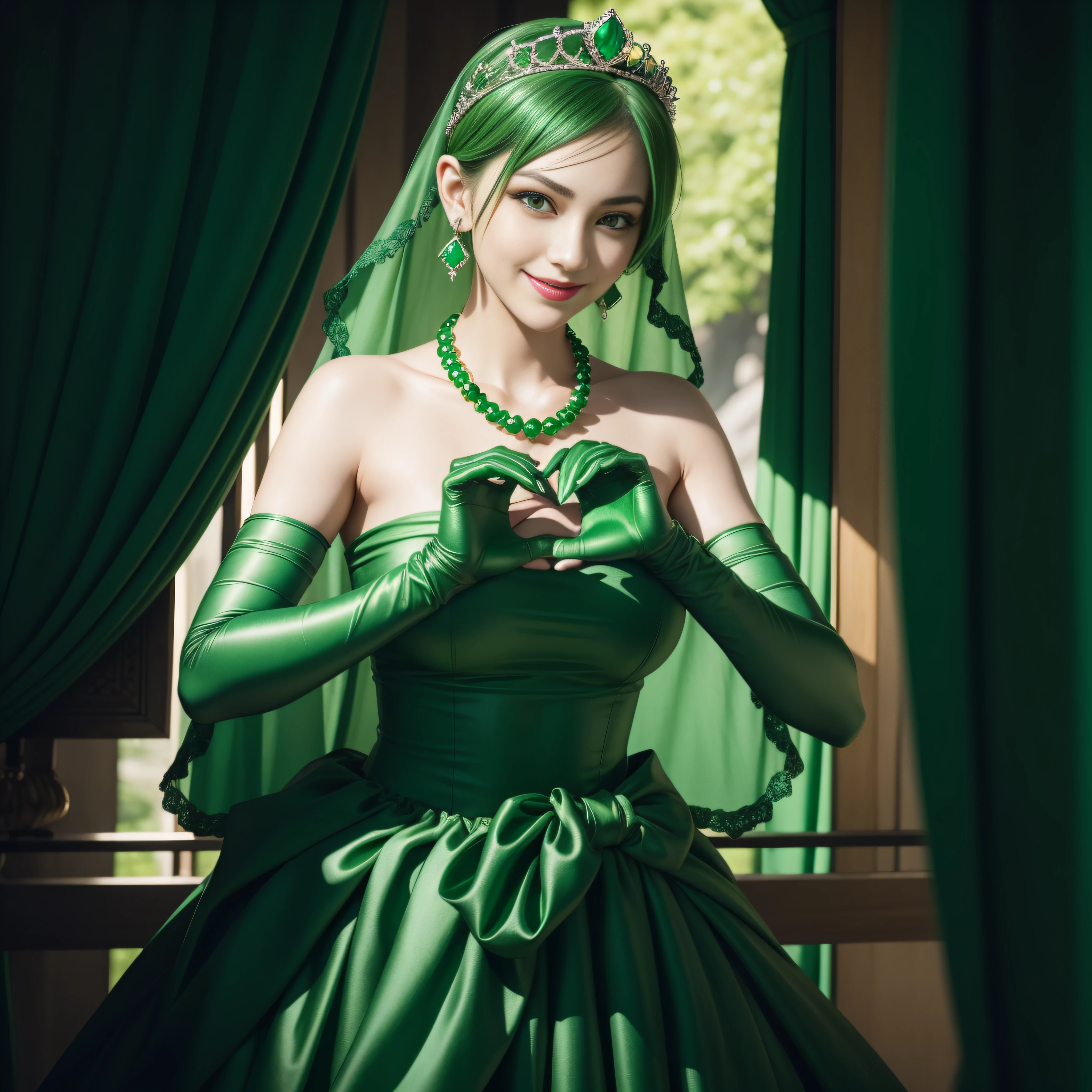 emerald tiara, Green Pearl Necklace, Boyish very short green hair, lipsticks, Japan woman smiling, very short short hair, big breasts beautiful, Green eyes, Long green gloves made of satin material, Green eyes, Emerald Earrings, green vale, Heart with both hands