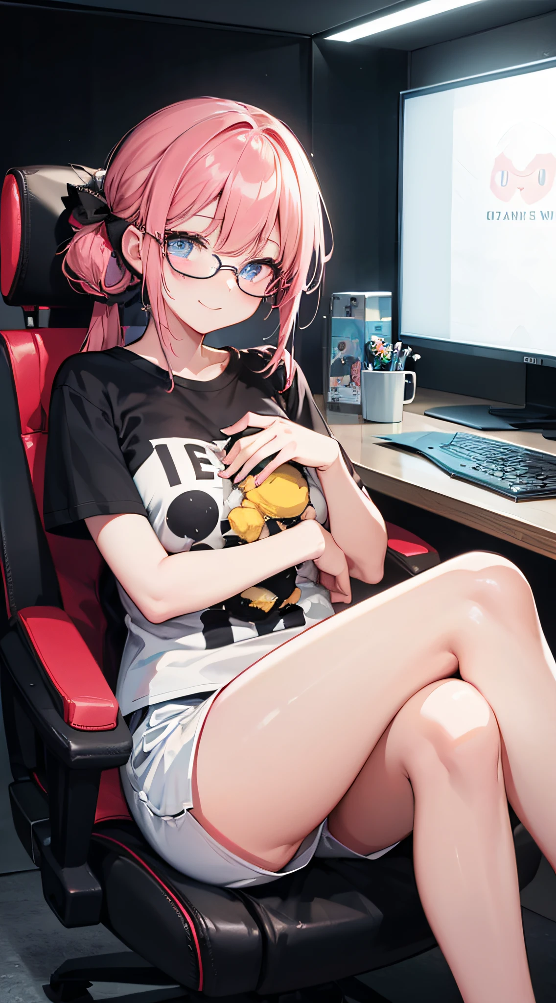 Ultra-detailed, Bright face, top-quality,An unparalleled masterpiece,Super exciting,Unified 8K,extremely clear,Very sophisticated,animesque,2D Photography、portrait of a full body、japanaese girl、a 、Pink hair、Short ponytail、Hair Ribbon、drooing eyes、blue eyes、long eyelashes、tthin eyebrows、Beautiful breasts、White Short Sleeve Printed T-Shirt、Black Hot Pants、bare-legged、Large Gaming Monitor Background、Gaming Chair、Are sleeping、up chest、Smiling smile、closes mouth、Emphasis on the thighs、Black Frameless Glasses、reclined、Dark room background、View Viewer