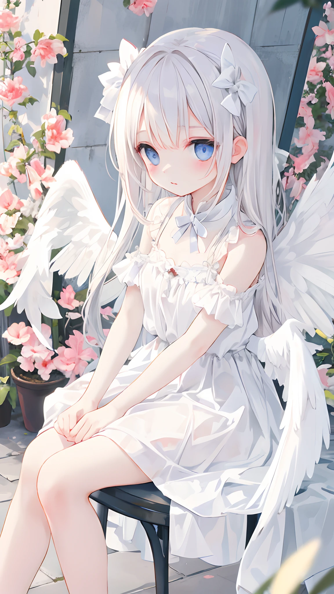 Cute angel girl，Angel wings，DOA，Sat down，The atmospheric sense of dusk，blood vess