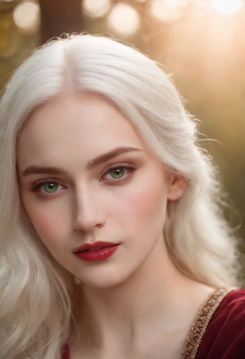 (((a deep reddish wound crosses her left cheek))) fair complexion, woman around 19 years old, natural white hair, distinctive green eyes, wearing kohl, slender and graceful, beautiful, candlelight in a medieval setting, ultra sharp focus, realistic shot, medieval female clothes, tetradic colors (scar:1.4)