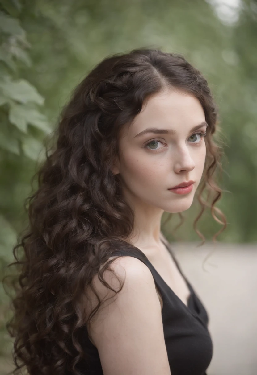24 year old women, pale skin, long hair, very curly hair, black hair with ringlets, freckles all over her face, petite figure, green eyes, beautiful face. Highly detailed face. European with slight Asian features. Wearing black turtleneck.