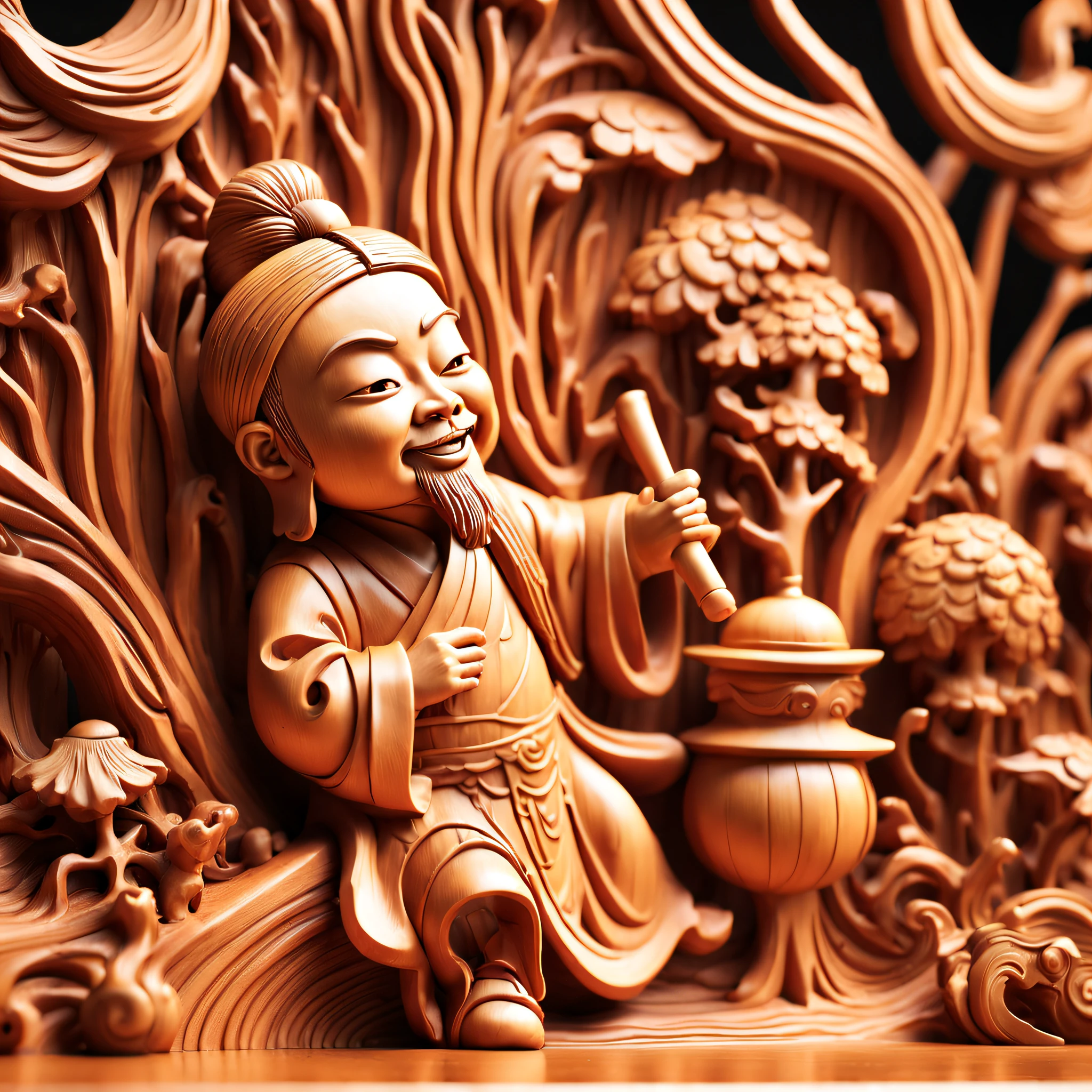 Wood carving Leather Show,rosewood,Smooth surface,(full_Body), Light,Wood grain background,Playful illustration,Playful,Dreamy imagery,Chinese style,Extremely detailed,art  stations,8K,Soft lighting,subdued contrasts,Incredible art,Phlegm sputum, phlegm,Art germ,