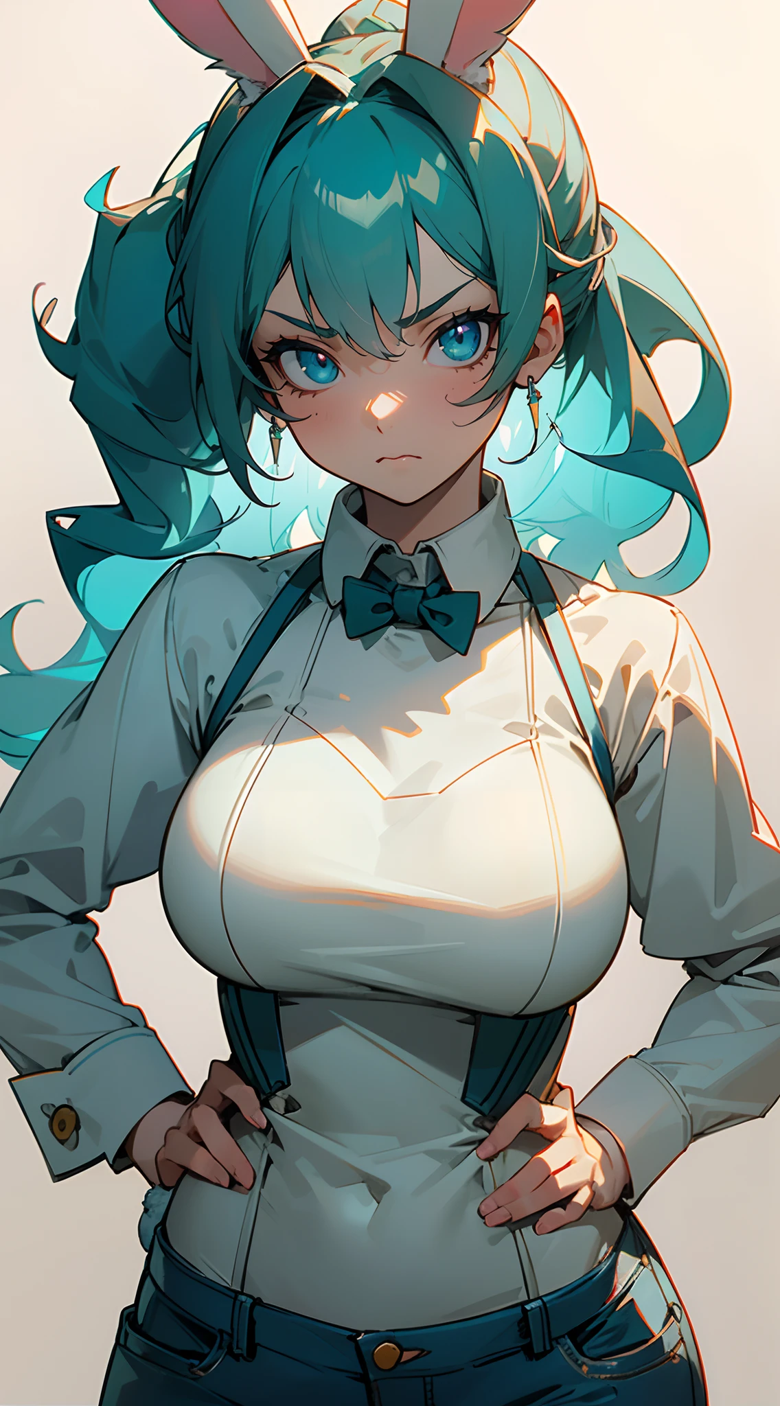 Beautiful woman , curly hair , teal hair , hair in a ponytail , blue eyes , pale skin , ((white bunny ears:1.2)), large breast, age 33, 

Standing with hands on hips , angry expression, dynamic shot , scene from an anime , Seinen anime . 

Wearing wearing a white halter top , jeans , 

(masterpiece, best quality:1.3),beautiful detailed glow,best illuminate,(((best quality,textile shading,ultra detailed))),extremely detailed CG unity 8k wallpaper,Highly Detailed beautiful and aesthetic,best light,high resolution,detailed,dynamic lighting , 1Character ,  pastel washed out colors , cell shade , soft, muted shades ,gentle colors ,