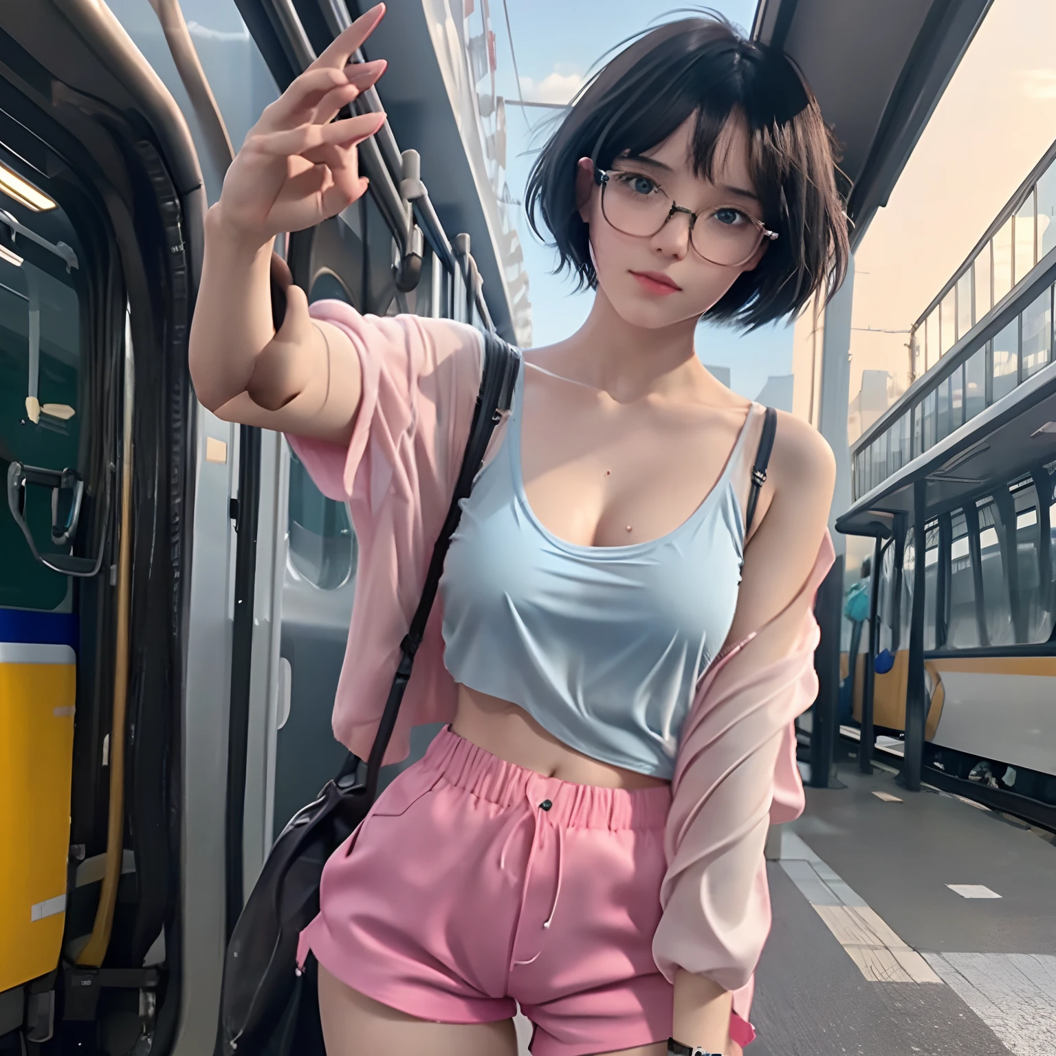 cute girl with black short bob hair and bangs, she is in eyeglasses, transparent clothes, wet, sweating, no bra, flat breast, tits, erect nipples , erect tits, pink shorts, petite body, see-through, her skin bright, beautiful light blue eyes, she is doing selfie on train, 8k detailed high quality, nsfw, semi-realistic