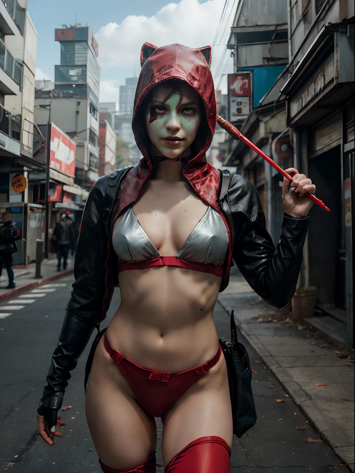 Male Superhero Red Arrow, wearing all red outfit and red apron, WEARING Red Hood COVERING HEAD, SFW, ALL READ OUTFIT, NO DETAILS, Perfect body, perfect face, showing his perfect face, holding an Arrow like a zombie, (top quality 、8k、32k、masterpiece、NFFSW:1.3)、(The ultra-high definition)、(Photorealistic:1.4)、RAW photography,perfect eyes,Perfect charming figure,actionpose:1.2,Detailed cyberpunk fashion、Cyberpunk world, depth of fields, blurred background,、