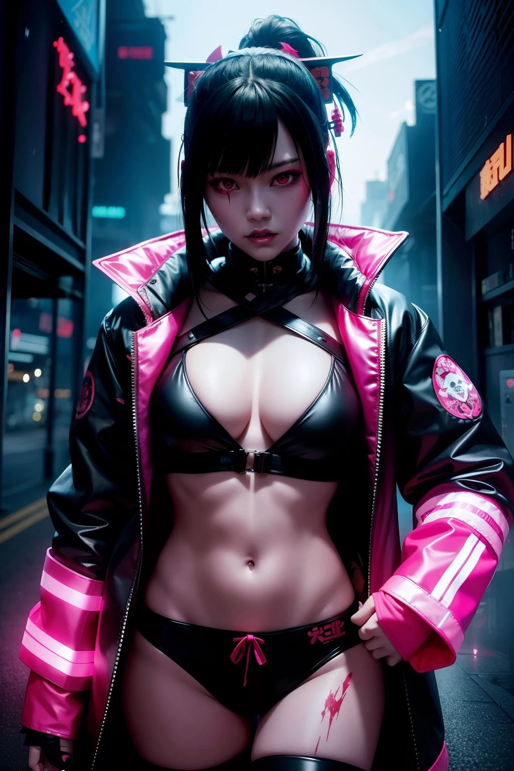 Mystical cyberpunk samurai girl with hannya mask, jacket personalized in neon-lit glowing suit (((in Bloodbourne aesthetic style::1))), hot color