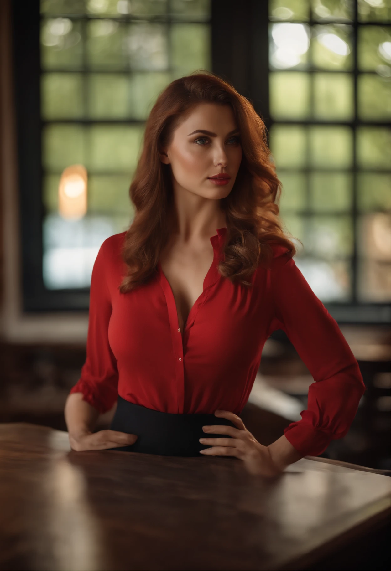 professional, (4k photo:1.1) by (Jeremy Lipking:0.3), (Dittmann Anna:0.3), (Arian Mark:0.3), (Sharp focus:1.3), high detail, wearing (lowcut red shirt:1.2), beautiful detailed face, hazel eyes, long auburn hair, (attractive young woman:1.3), (seductive:1.1), (blushing:1.1), hourglass body shape, large round perky breasts, wide thicc hips, in the vacation, sexy