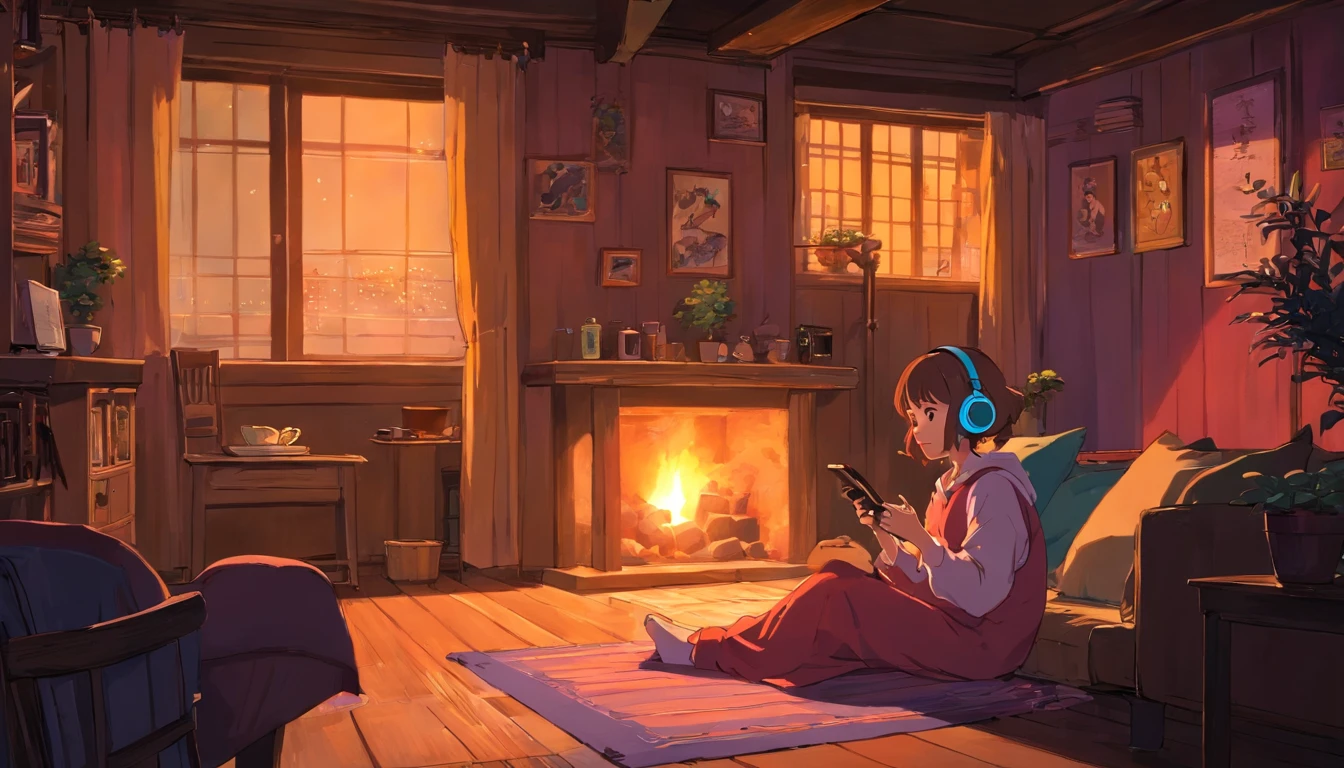 Girl listening to music in a cozy room at night, usar fones de ouvido, Estilo anime 2D, lo fi, Hard disk, meio escuro