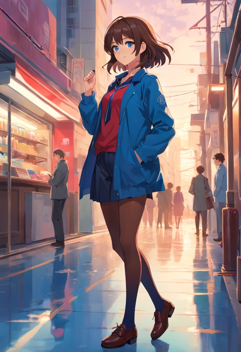 cute girly,Brown hair long,blue color eyes,blue jacket,red shirt, Black stockings,Business black leather shoes