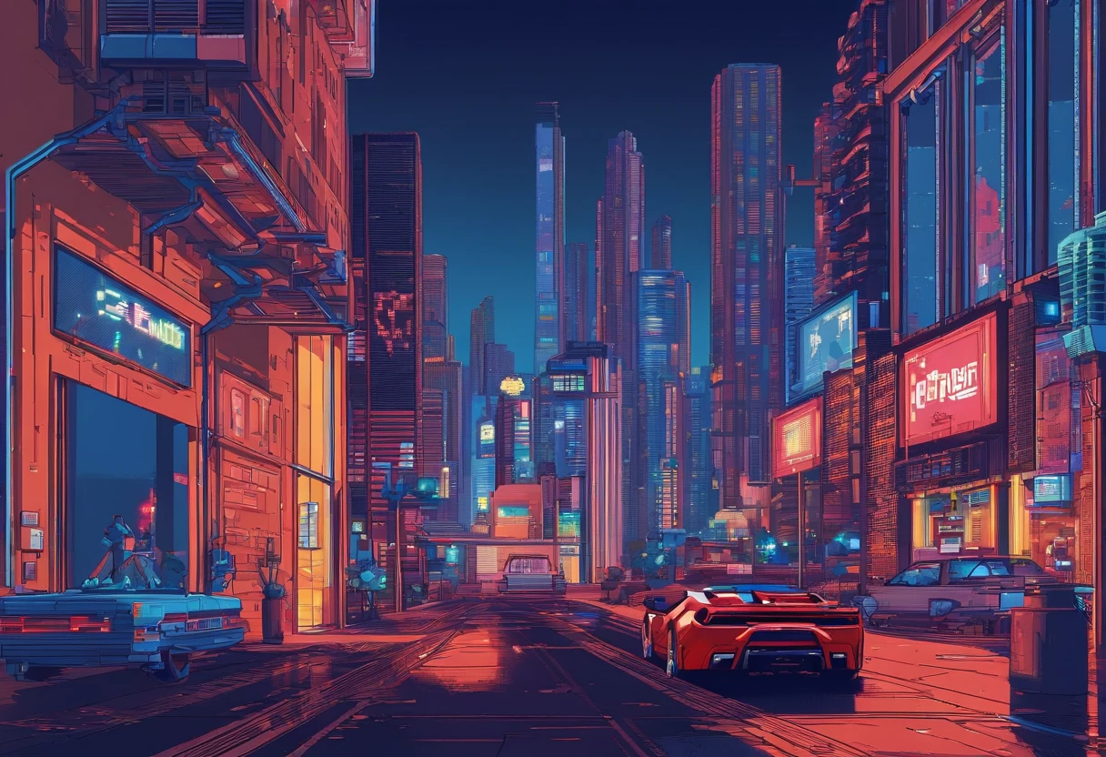 (best quality, 8k, master part :1.2), hyper realistic, Cyberpunk, em uma montanha, uma Ferrari 488 vermelha detalhada, Excesso de velocidade na rodovia, (facing the audience), The blue skyscraper in the background, at night,