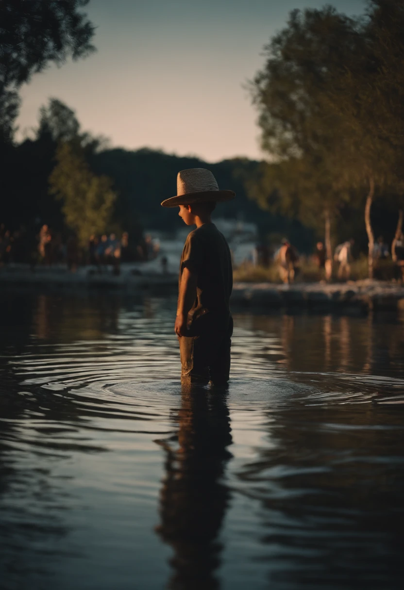 There's a man in a hat and a mask in the water, standing in shallow water, divertindo-se, feliz, vestindo um pescador 🧥, no mar, in the water, stands in a pool of water, imagem estilo Disney Pixar