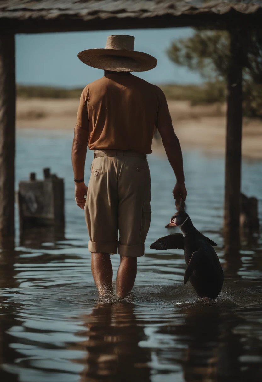 There's a man in a hat and a mask in the water, standing in shallow water, divertindo-se, feliz, vestindo um pescador 🧥, no mar, in the water, stands in a pool of water, imagem estilo Disney Pixar