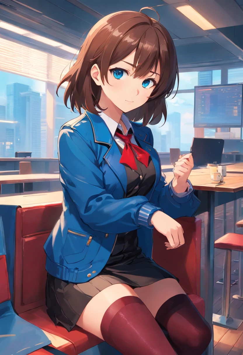 cute girly,Brown hair long,blue color eyes,blue jacket,red shirt, Black stockings,Business black leather shoes, sit on table