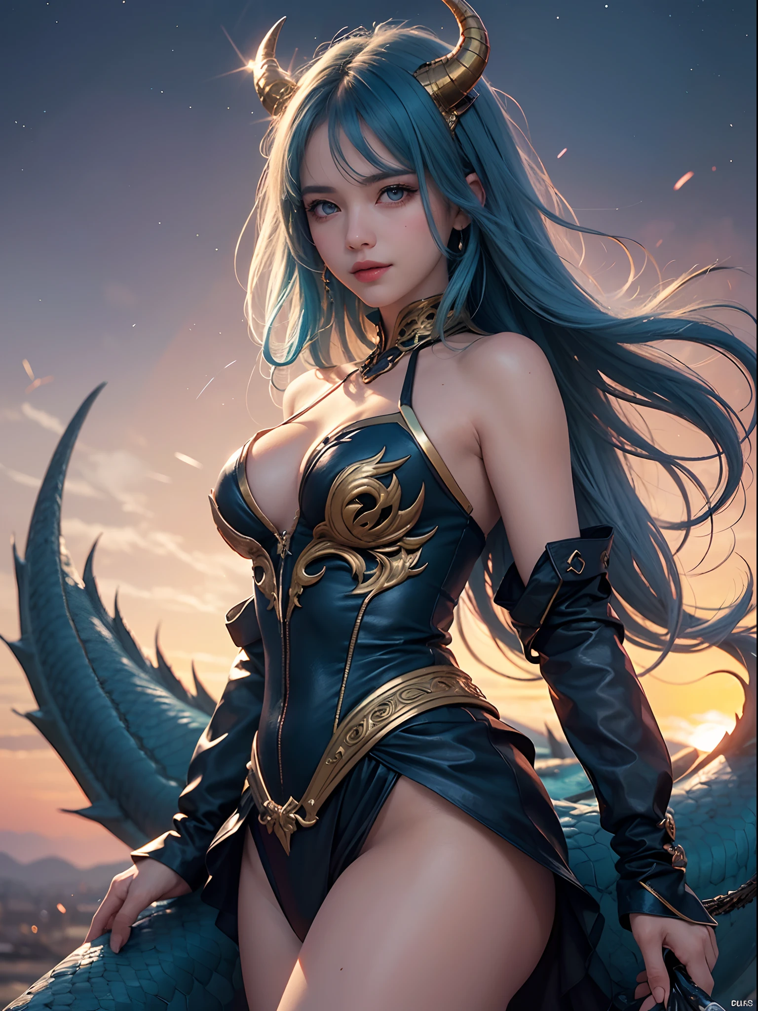 Unbeatable masterpiece, Ultra photo realsisim , Perfect artwork , Intricate details , Best quality , Strong light , High contrast , Dynamic pose , Dutch angle , (Blurry, Depth of field, blurryforeground:1.35) , illustration , Girl , Solo , Two dark golden dragon horns , a beauty girl , Fine blue hair , Delicate deep golden eyes , light dots , Scattered light cyan flames , Coiled dragon , full bodyesbian , Floating hair , There were too many scattered sparks , Lots of extremely tangled feathers , Backlight , Smile , (Light cyan dragon) , (Dragon girl) , Dark blue , (cowboy_Shot) ,(Starlight,Sunset , Lens flare:1.25) ,