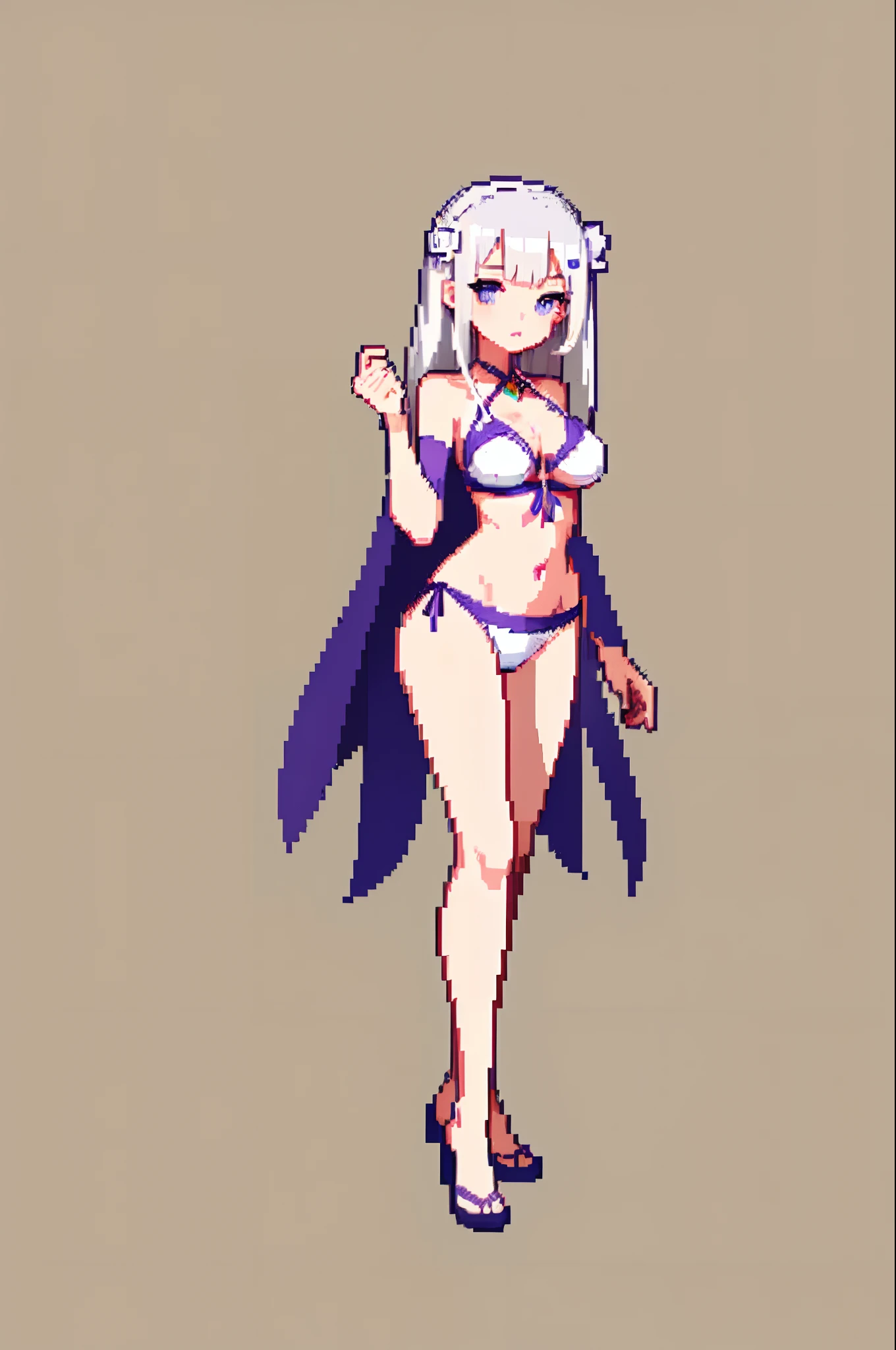 (masterpiece, top quality, best quality), pixel,pixel art,1girl,full body, Emilia, white hair, purple eyes, long hair, x hair ornament, flower hair ornament, bikini, sexy,