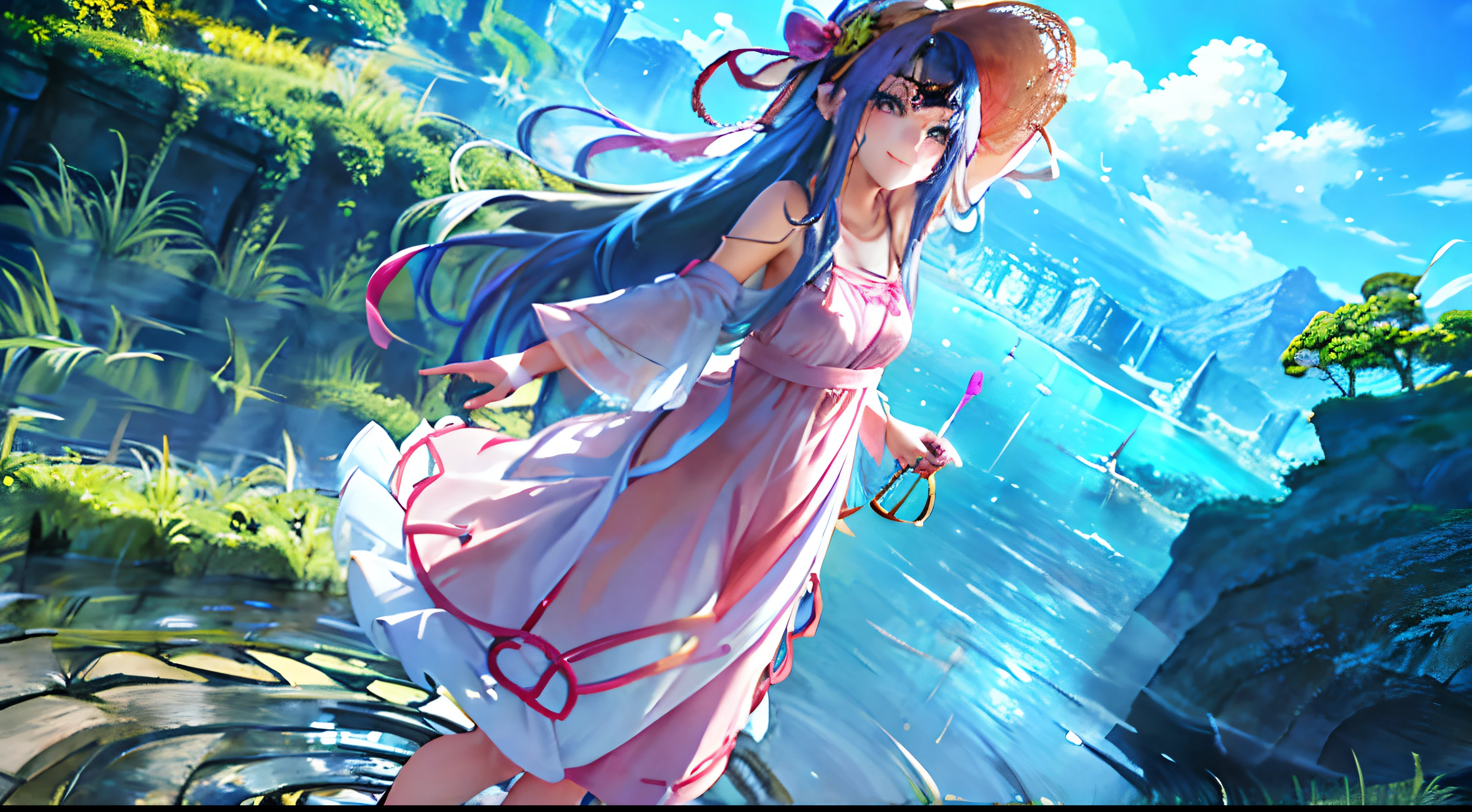 2D anime-style images、The highest image quality、Masterpiece、Summer sea、beach、one girls、is standing、Facing the front、erect through、Hands shoulder-width apart、The view is slightly slanted、Blue eyes、de pele branca、A little red cheeks、Smiling a little、Purple hair、Hair that extends to the elbows、hair wavy、Pink mesh on part of the bangs、Holding a straw hat in his hand、Pink mimore-length knit dress、Shoulders exposed、Low heel shoes。
