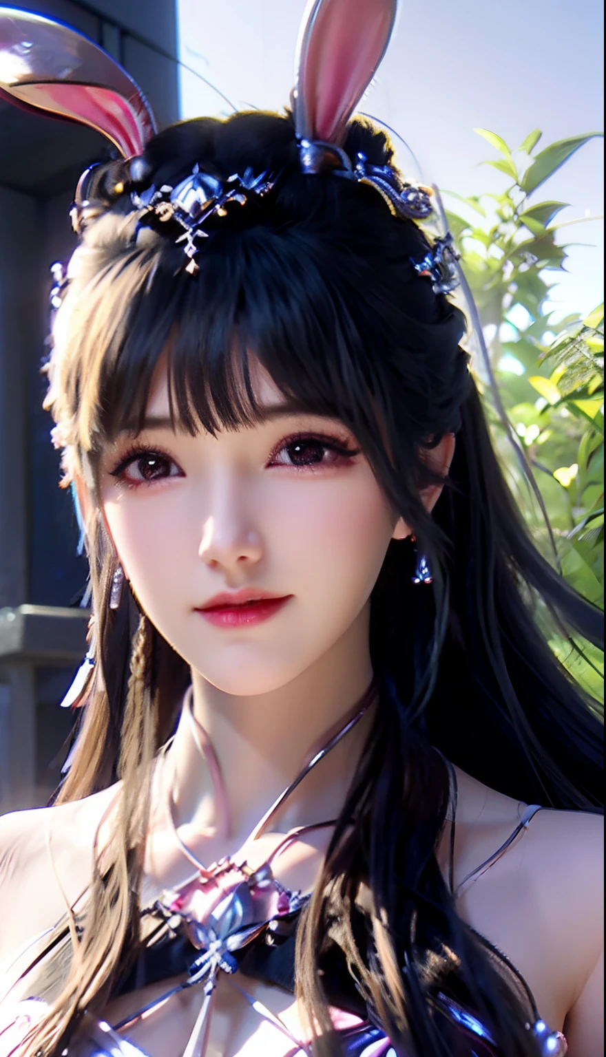 Best quality, masterpiece, high resolution, 1girl, clear silk porcelain dress, beautiful face, hair accessories, looking at the audience, smiling, close your mouth, lips, dress, hair accessories, necklaces, jewelry, long hair, earrings, beautiful face, on the body, Tindal effect, realism, dark studio, edge lighting, two-tone lighting, (high detail skin: 1.2), 8k UHD, DSLR, soft light, high quality, volumetric lighting, photo, high resolution 4K, 8k, blurred background