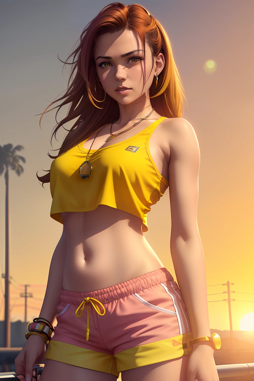 a woman in a white top and pink shorts is standing next to a bike with a yellow background and, by Quentin Tarantino, 1girl, bracelet, brown_hair, jewelry, letterboxed, lips, long_hair, makeup, medium_breasts, midriff, nail_polish, navel, necklace, nose, orange_sky, pink_shorts, realistic, shorts, solo, sun, sunset, tattoo,wristband, yellow_background, yellow_sky, beautiful detailed glow, detailed, Cinematic light, intricate detail, highres, detailed facial features, high detail, sharp focus, smooth, aesthetic, extremely detailed, stamp, octane render,