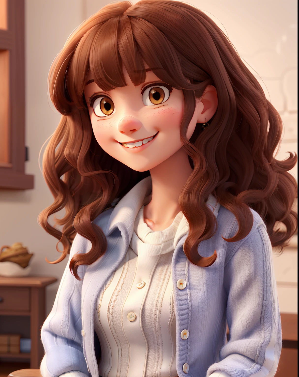 A beautiful girl with medium curly hair with bangs and dark brown, Dark eyes in jeans and white knitting smiling