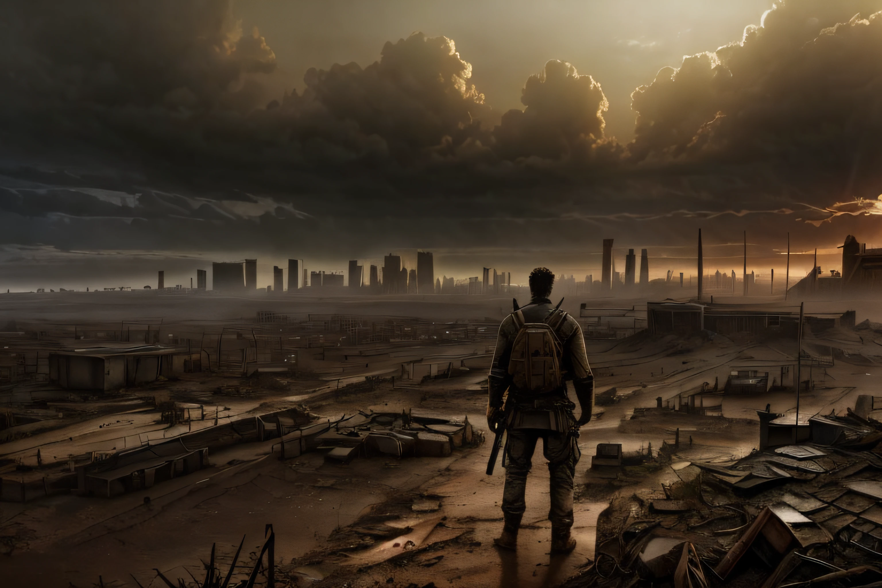 The survivor continues his journey through the desolate landscape, his newfound skills proving to be an invaluable asset in his quest for survival. in the midst of a post-apocalyptic scenery, dark fantasy, very detailed, a post apocalyptic cityscape, muted colors, hyperrealism, fog, dark atmosphere, hdr, rainy, intricate details, fallout style