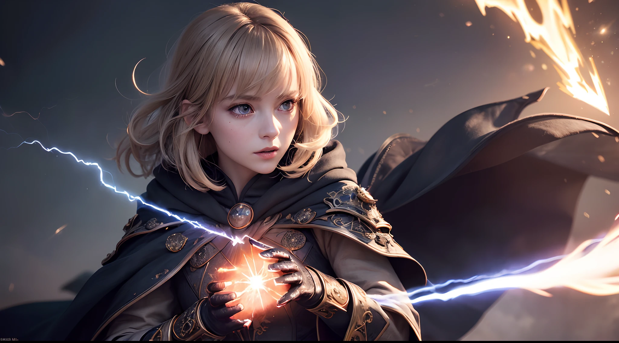 (skindentation:1.5), Realistic, Photorealistic, (masterpiece:1.5), concept art, intricate details, highly detailed, photorealistic, octane render, 8k, unreal engine, dynamic pose, best quality, highres, (realistic face:1.1), (hyperrealistic:1.1), ((full_body)), perfect eyes,(shiny skin:1.2), (((hairstyle))), (((perfect hands))), (extremely detailed background), ((dynamic background)), ((lightning)), (light rays), ((1girl)), wearing cloak, (((flowing cloak))), ((detailed eyes, high quality eyes, high quality face)), (extremely intricate robes, magical robes), short hair, casting lightning, electricity, swirling fire, radiating power, sparks, smoke, magic, ((dramatic)), epic, battlefield, depth of field, bokeh, 4k, gothic, ember, particles