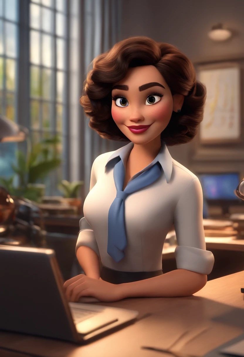 Criar um personagem no estilo pixar com roupa social. personagem loira platinada, at office, bem sucedida.