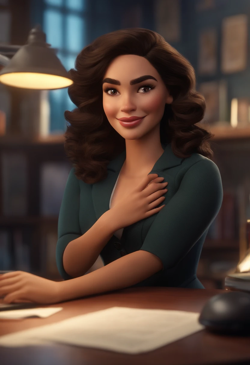 Pixar Style Image, 3D Character, Real Estate Agent, Brunette, Medium Black Curly Hair, In OfficeDisney Makeup,Pescador, bonitinho, sorridente ,Close-up, Pixar, Disney, Cinema lighting,