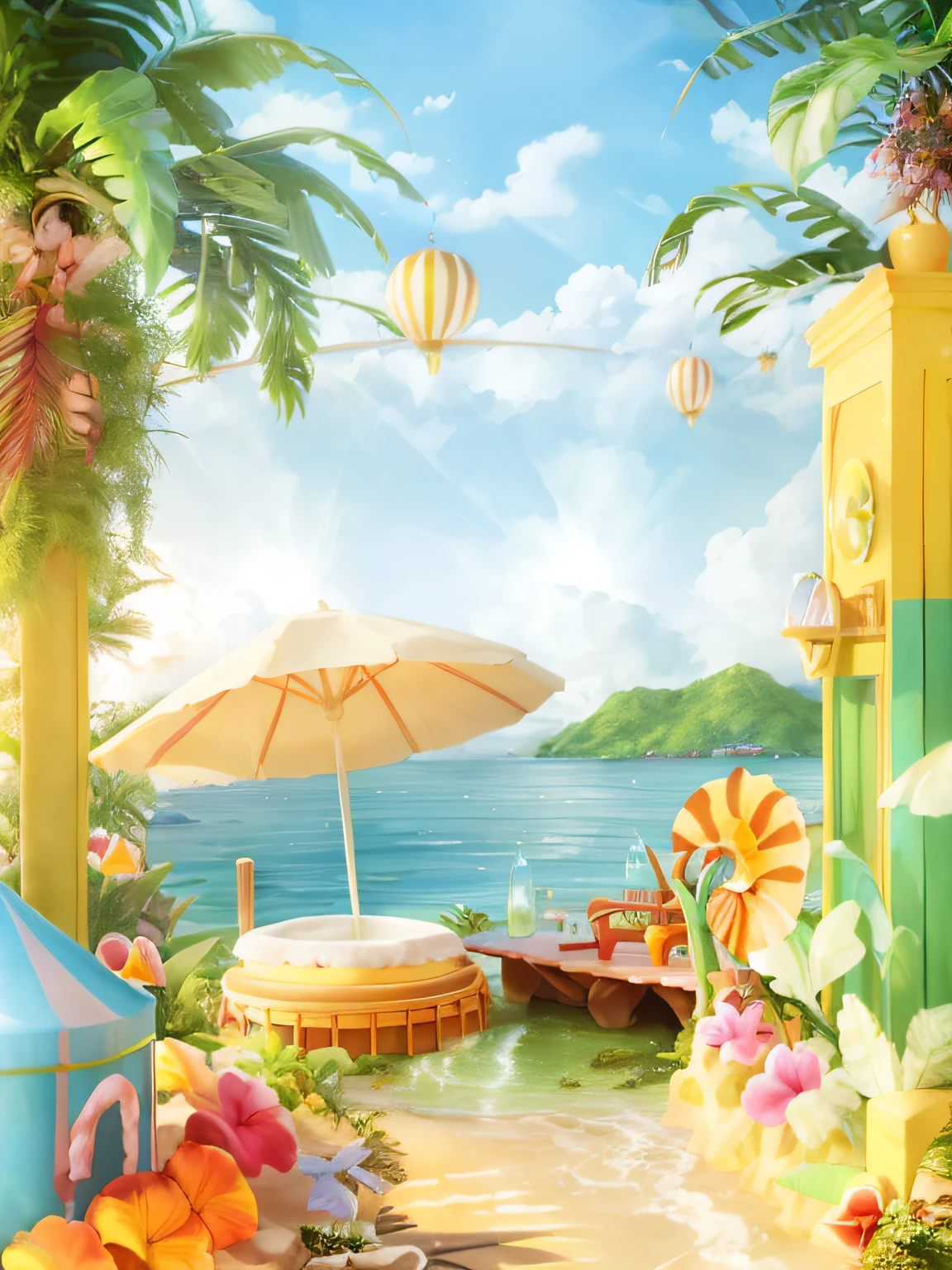 There is a picture of a tropical-themed room with a hot tub, arte de fundo, a paradise like a fairyland, Tropical paradise, Tropical atmosphere, outdoors tropical cityscape, seaside backgroud, tropical beach paradise, fantasy matte painting，Cute, whimsical fantasy landscape art, lush paradise, stylized background, beautiful magical palm beach, tropical background, detailed scene