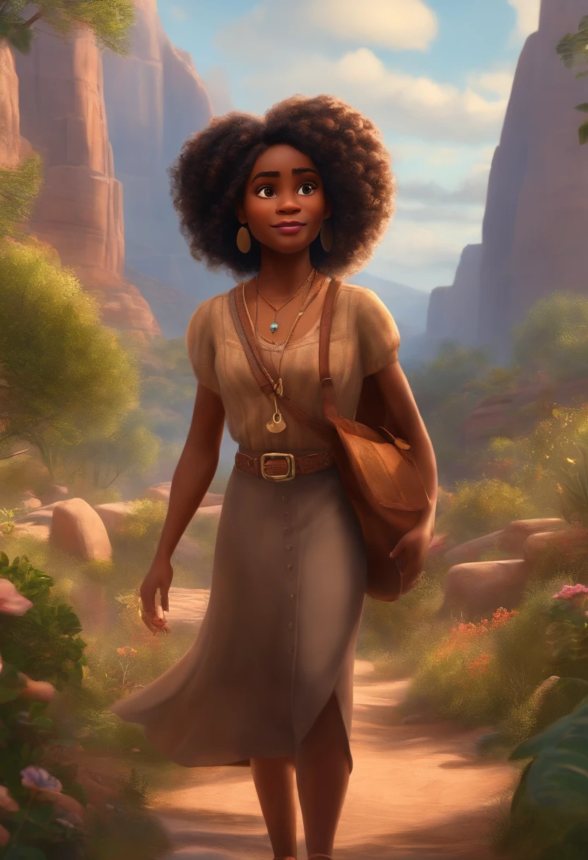Image of a young black woman for a story in a YouTube video in Pixar format, age is kind, she is adventurous, she is outgoing, she is smart, she is cunning, she is magical