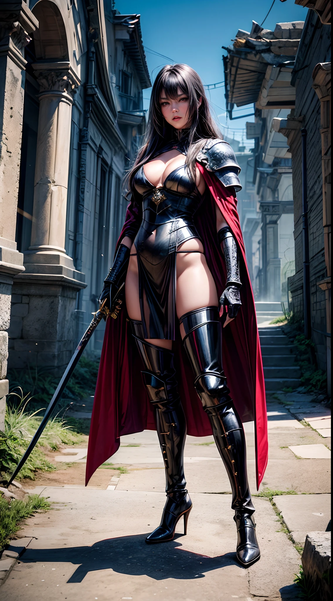 Pretty women, 40yr old,Solo,Japanese,Black Armor,high heels boots,Full body portrait,Female Warrior,Slender body,holding swords,robe,Manteau,Perfect face and nice perfect face, Surreal concept, 8K resolution, photographic quality, Walk through the ruins, Photorealistic,A detailed eye,Diagonal angle,