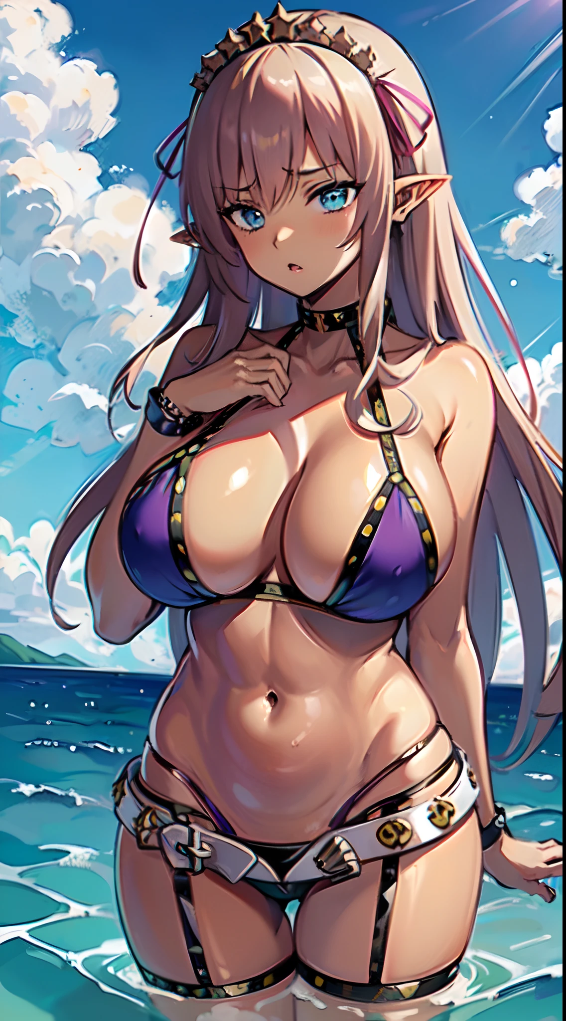 masterpiece, best quality, extremely detailed, anime, 1girl, mature female, solo, (dark brown skin:2), alleyne, (huge breasts:1.7), (((pink hair, long hair, blue eyes, pointy ears))), parted lips, (((purple bikini, hairband, star hair ornament, micro shorts, white belt, studded garter belt))), ((naughty face), closed mouth), ((arm behind head, partially submerged, sea))