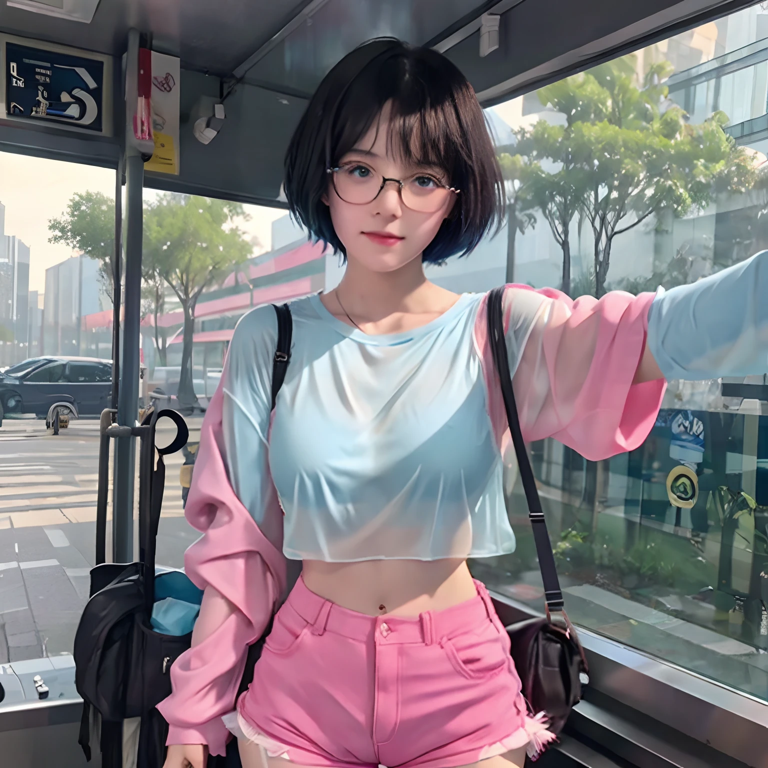16 years old cute girl with black short bob hair and bangs, she is in eyeglasses, really transparent clothes, wet, sweating, no bra, flat breast, tits, erect , erect tits, pink shorts, petite body, see-through, her skin bright, beautiful light blue eyes, she is doing selfie on overload train, 8k detailed high quality, nsfw, semi-realistic