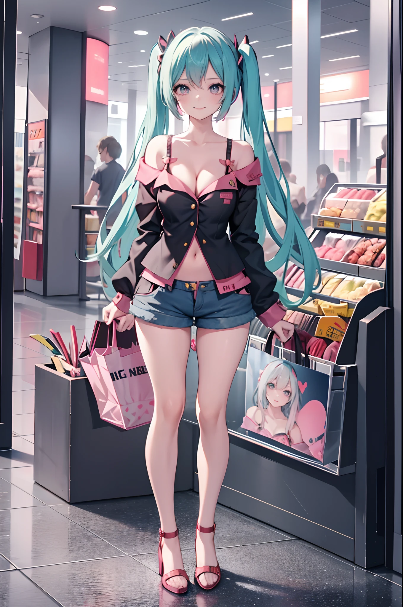 1girl,solo,standing,large breasts, cleavage, 
Denim Shorts, off shoulder shirt, buttons, navel, lace-trimmed legwear, arms at sides, light smile, hatsune miku, full body veiw, in a modern shopping mall, shopping bag in hand